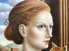 'Woman with Cat" Contemporary Renaissance Style Portrait, oil on panel framed