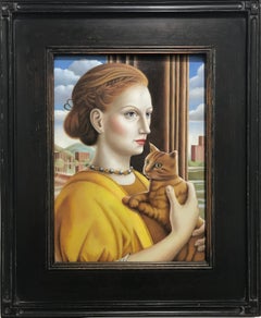 'Woman with Cat" Contemporary Renaissance Style Portrait, oil on panel framed