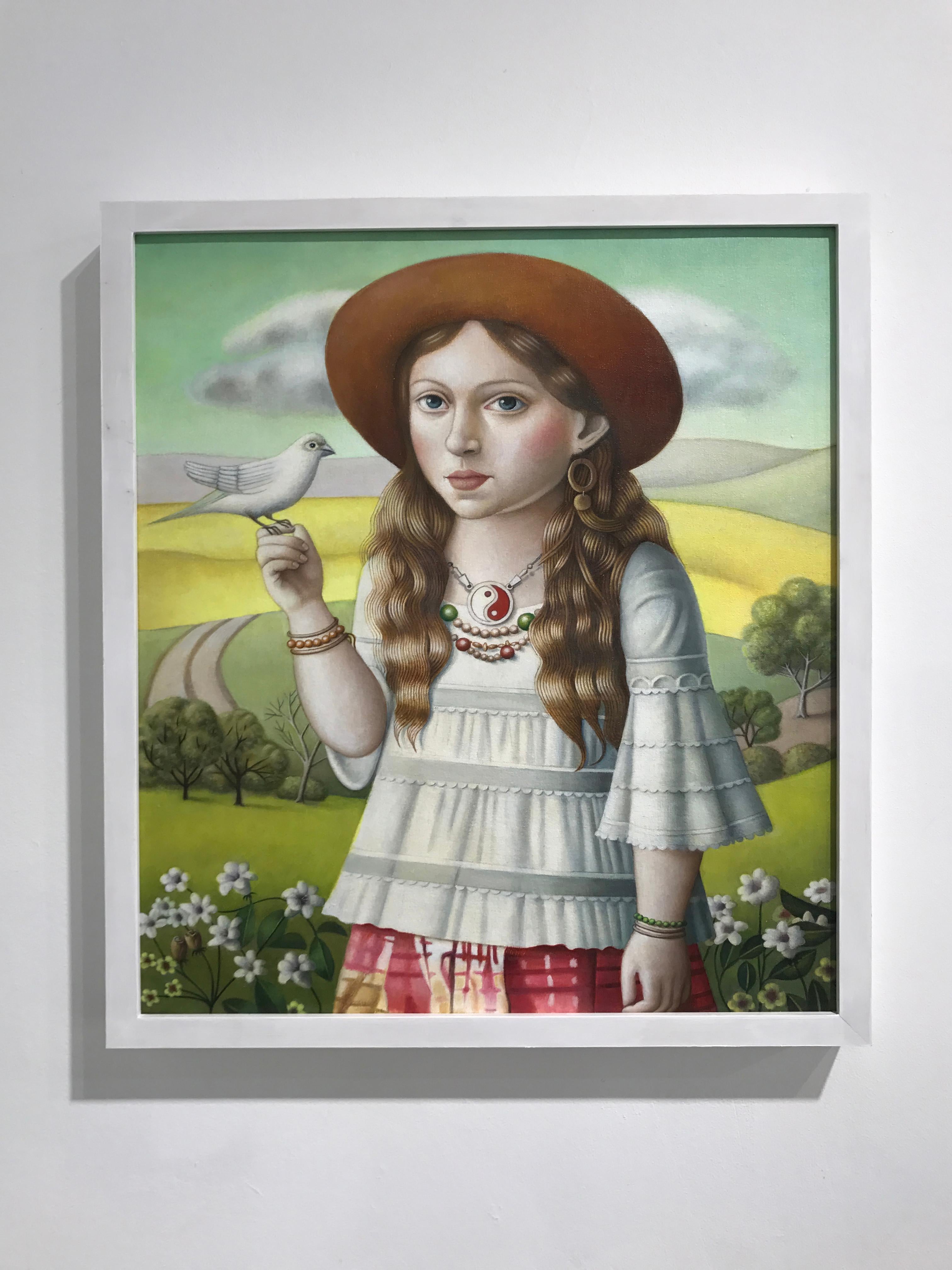 Young Woman with Bird - Painting by Amy Hill