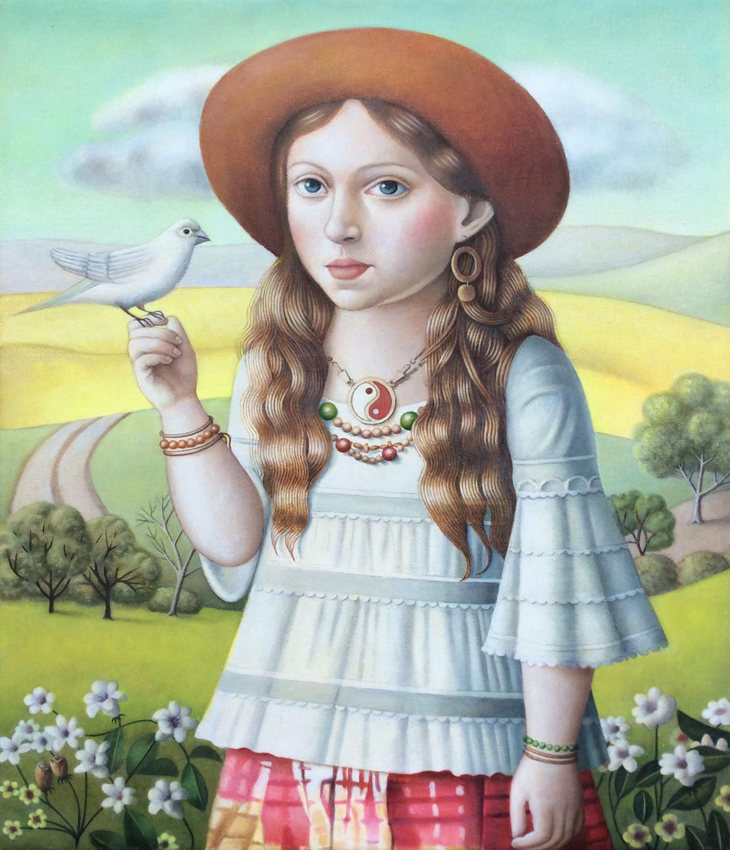 Amy Hill Animal Painting - Young Woman with Bird