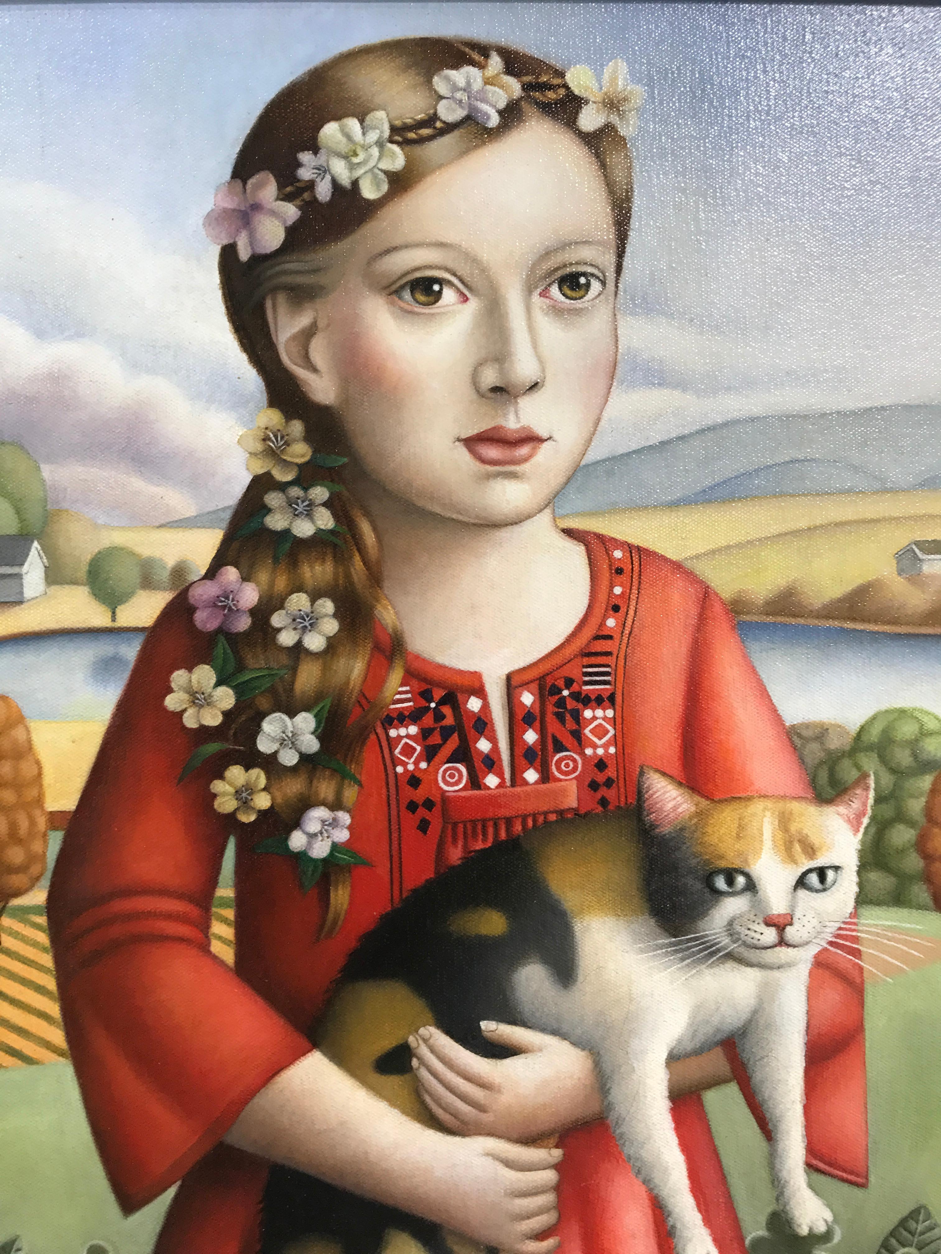 Amy Hill Animal Painting - Young Woman with Cat