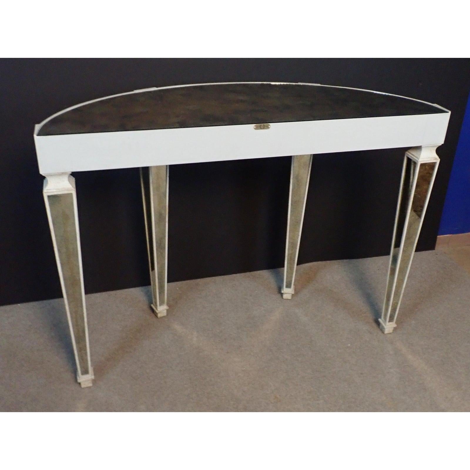 Blackened Mirrored Demi-Lune Console Table By Amy Howard  For Sale