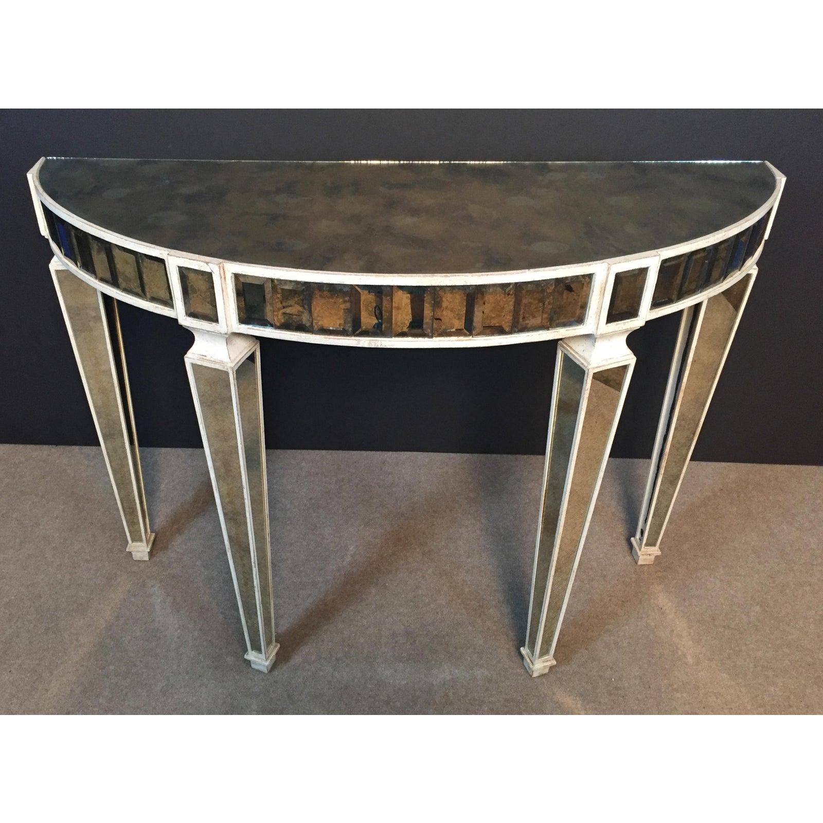 Amy Howard Demi-lune Console table. Beveled glass mirrored jeweled gallery. All mirrors have an old world antique look. Makers plaque mounted on back
