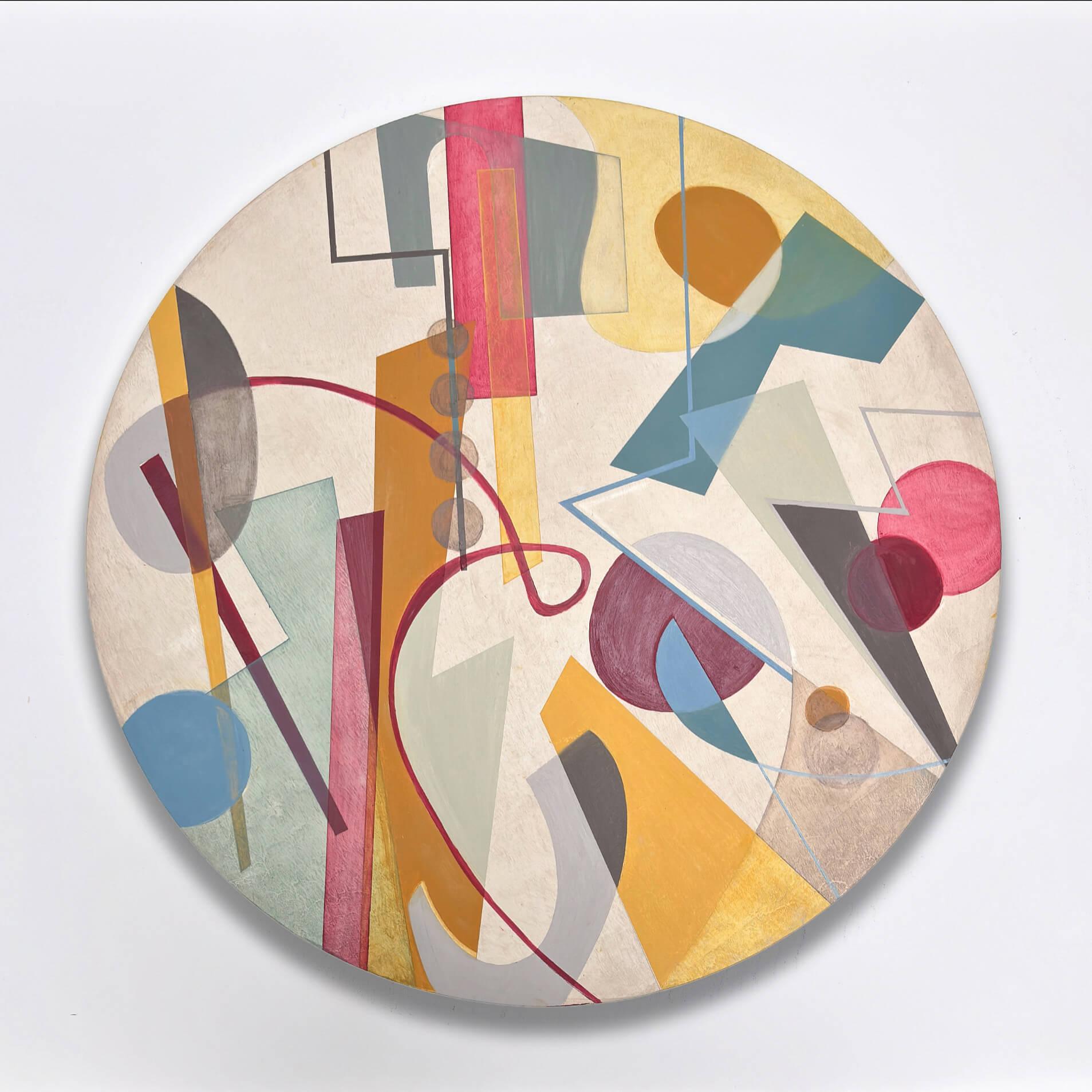 "Everything is Right Now" (2025) est une peinture à l'huile sur toile originale, réalisée à la main par Amy Hutcheson, qui représente une peinture abstraite avec des formes géométriques colorées dans une palette arc-en-ciel plus pâle, se déplaçant