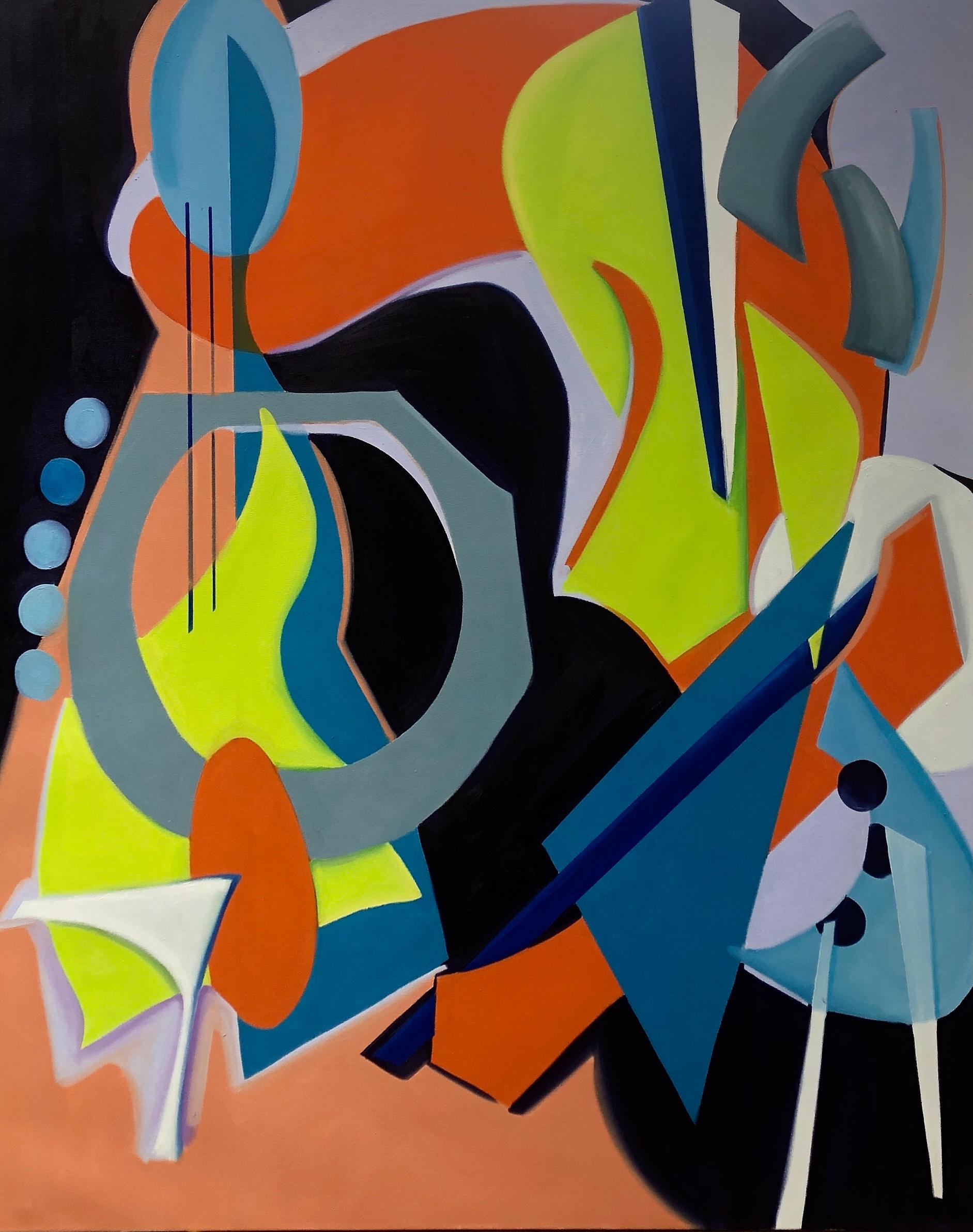 "Nobody Dreams of Orange Sherbet" is an original, handmade oil painting on canvas, by Amy Hutcheson, that depicts an abstract painting with colorful geometric shapes in black, orange, rblue and more colors. 

Born in Kalamazoo, MI, in 1972, Amy
