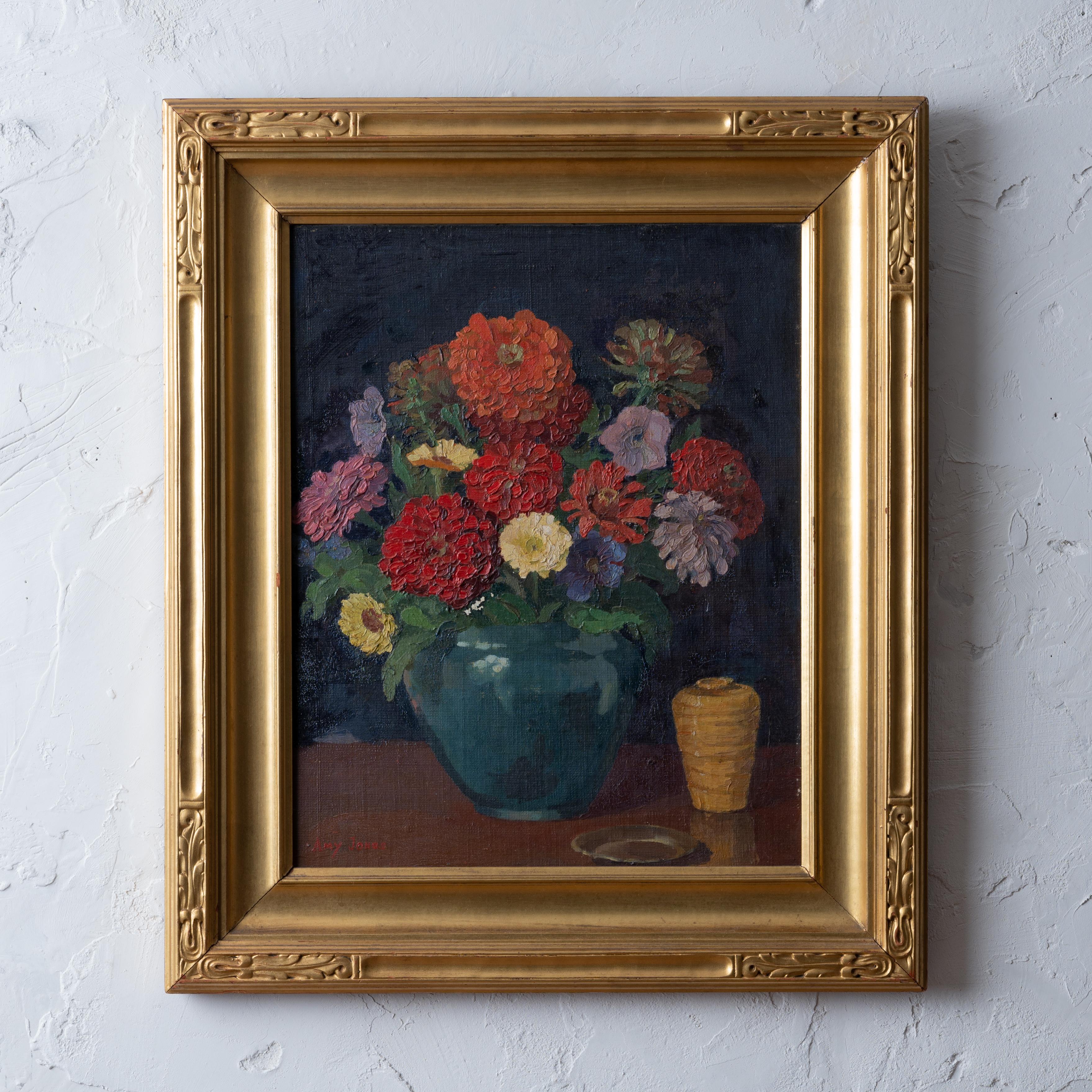 Amy Jones (Frisbie)
(New York, 1899-1992)

Still life with zinnias in original Newcomb-Macklin frame, c.1930.
Signed lower left. Artists name and address on verso: 