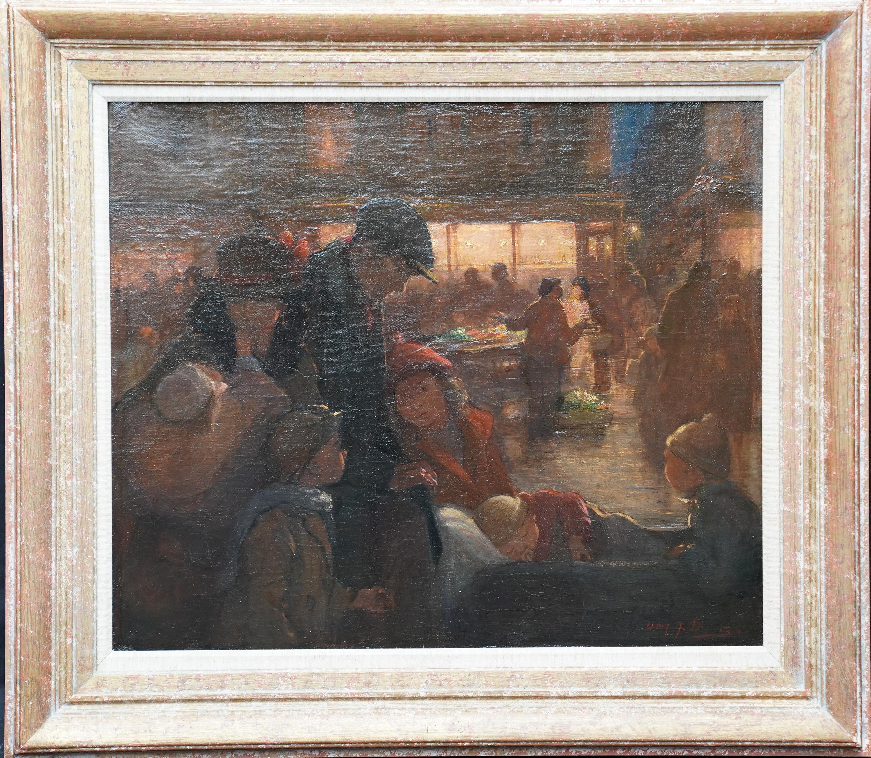 Family Portrait in Market - British 1914 art Post Impressionist oil painting For Sale 7