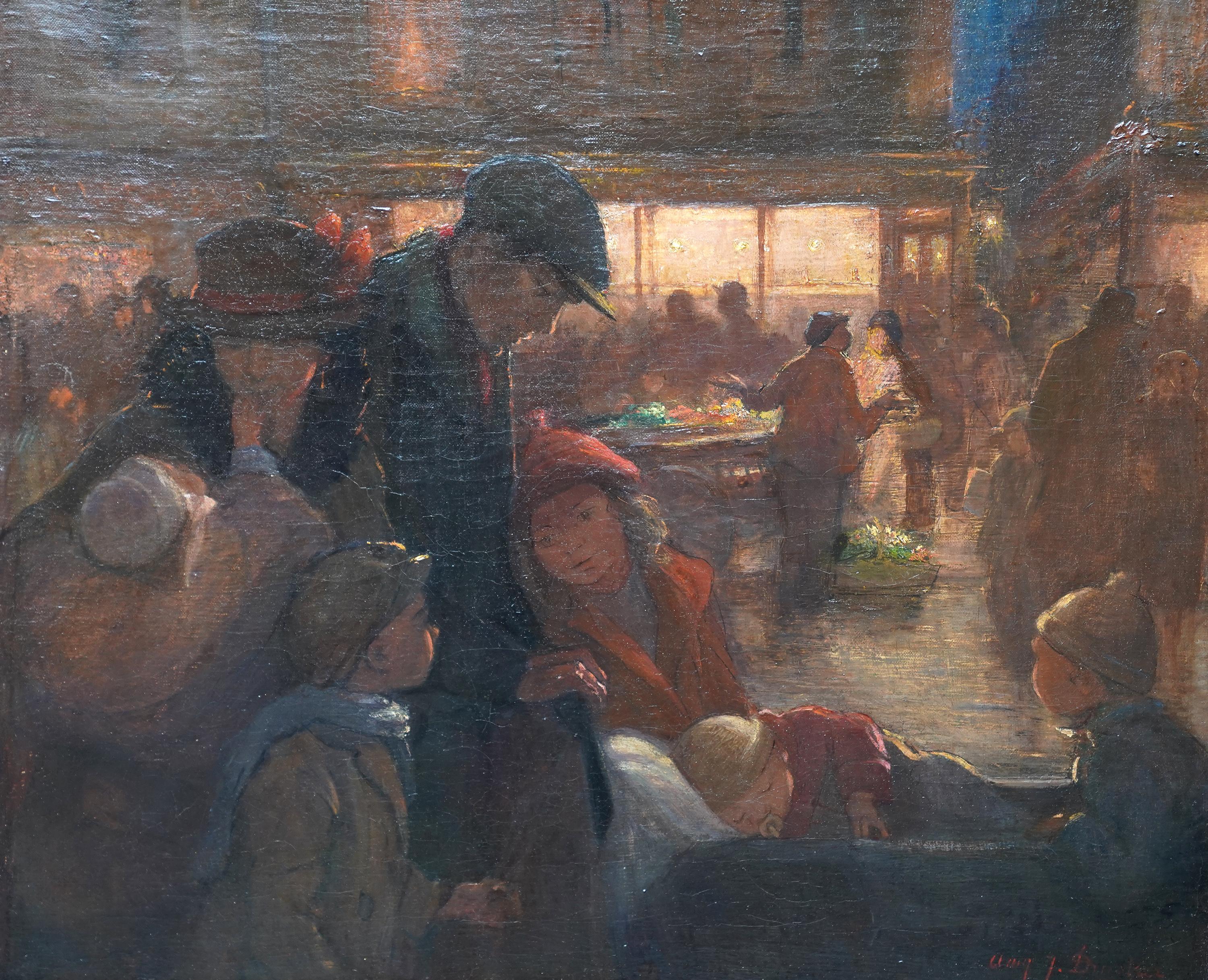 Portrait de famille sur le marché - Peinture à l'huile post-impressionniste britannique de 1914 - Painting de Amy Julia Drucker 