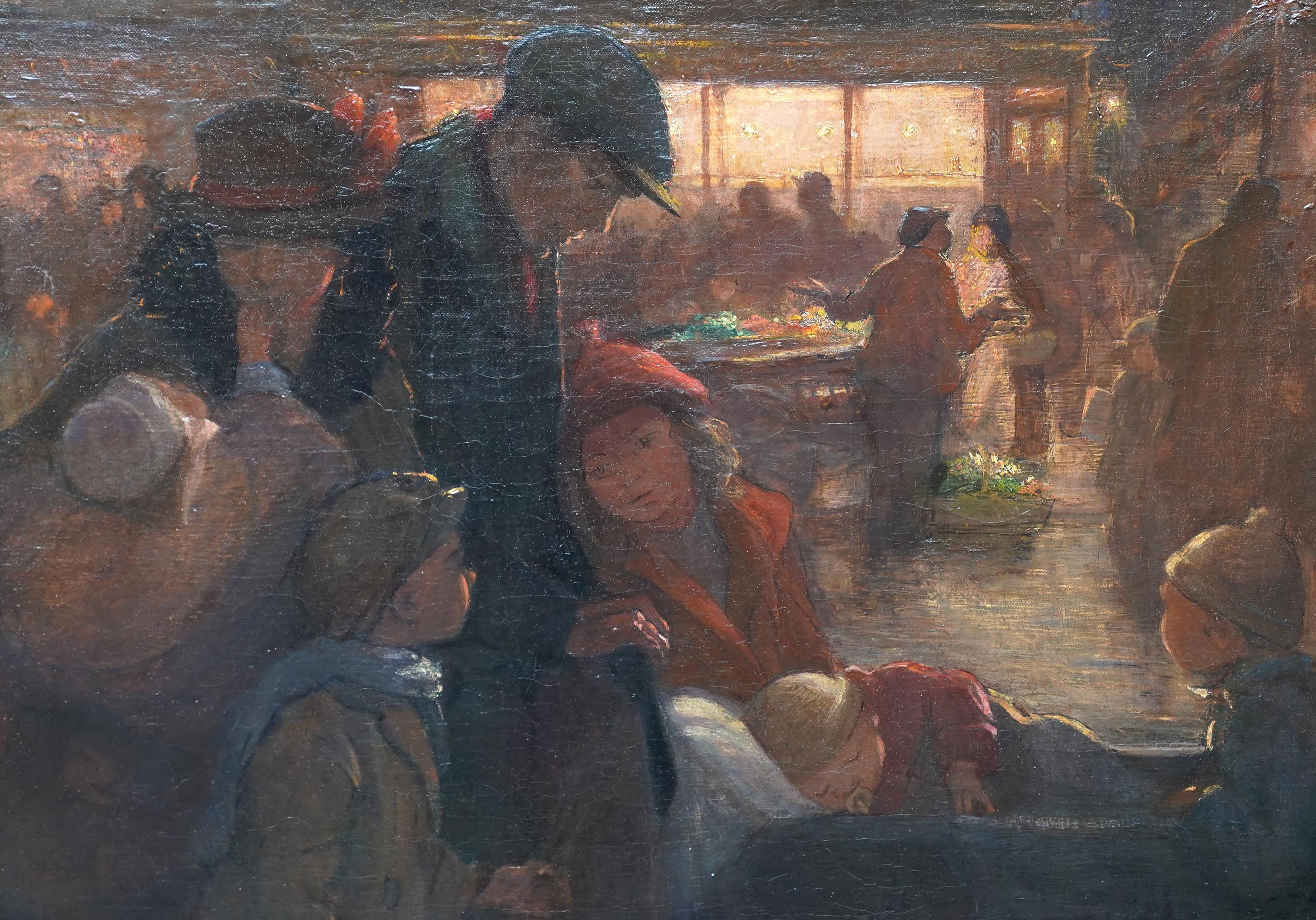 Familienporträt auf dem Markt – britisches postimpressionistisches Ölgemälde von 1914 (Post-Impressionismus), Painting, von Amy Julia Drucker 