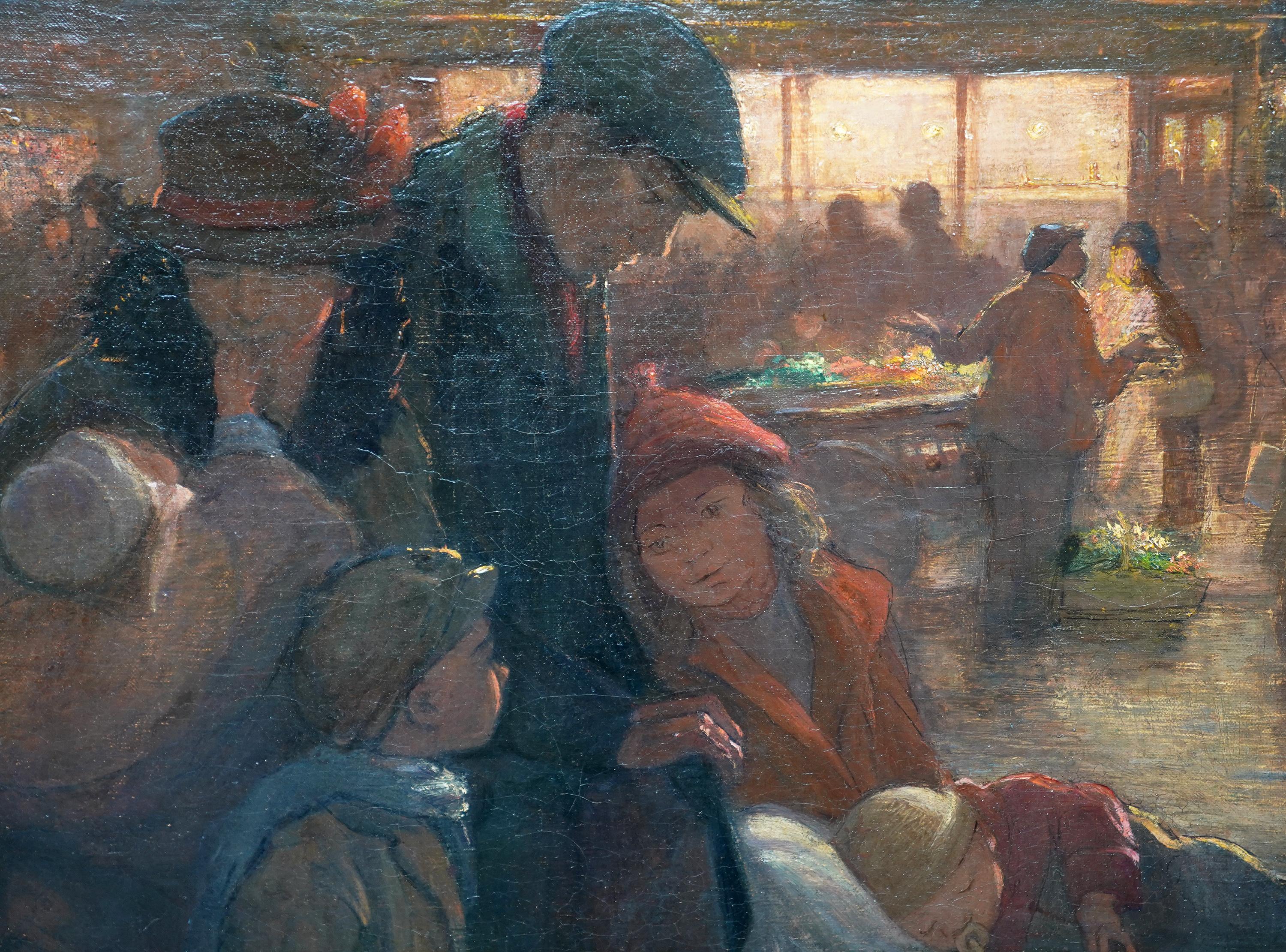 Family Portrait in Market - British 1914 art Post Impressionist oil painting - Post-Impressionist Painting by Amy Julia Drucker 