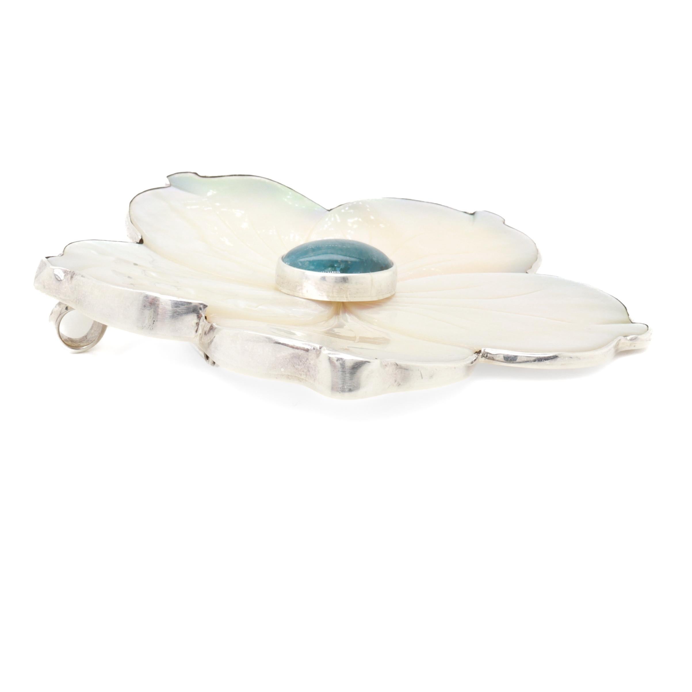 Amy Kahn Russel Sterling Silver, Mother-of-Pearl, and Prasiolite Flower Brooch For Sale 4