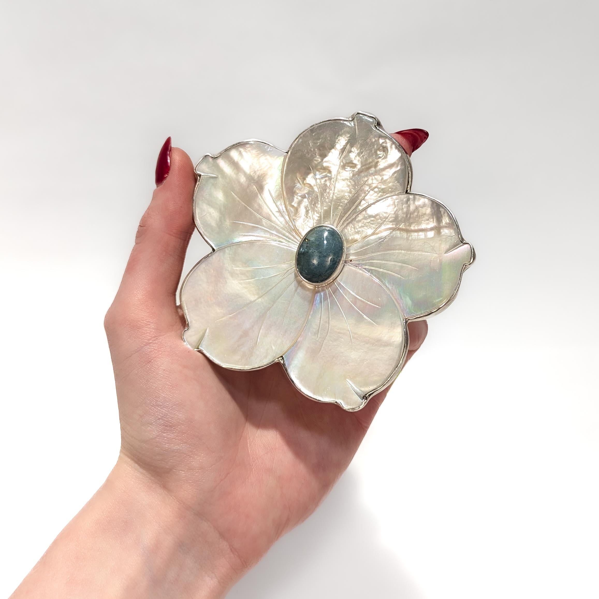 Modern Amy Kahn Russel Sterling Silver, Mother-of-Pearl, and Prasiolite Flower Brooch For Sale