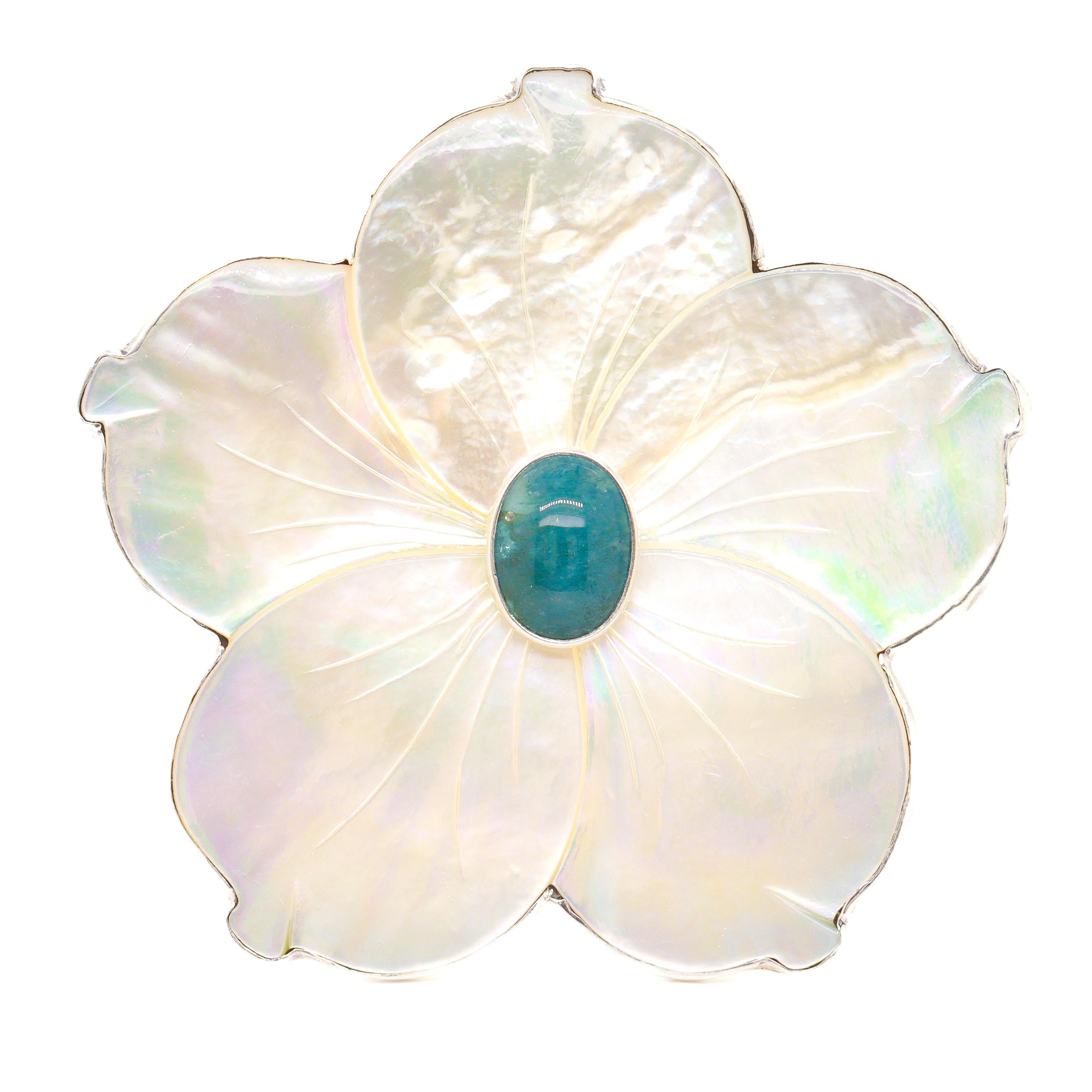Round Cut Amy Kahn Russel Sterling Silver, Mother-of-Pearl, and Prasiolite Flower Brooch For Sale
