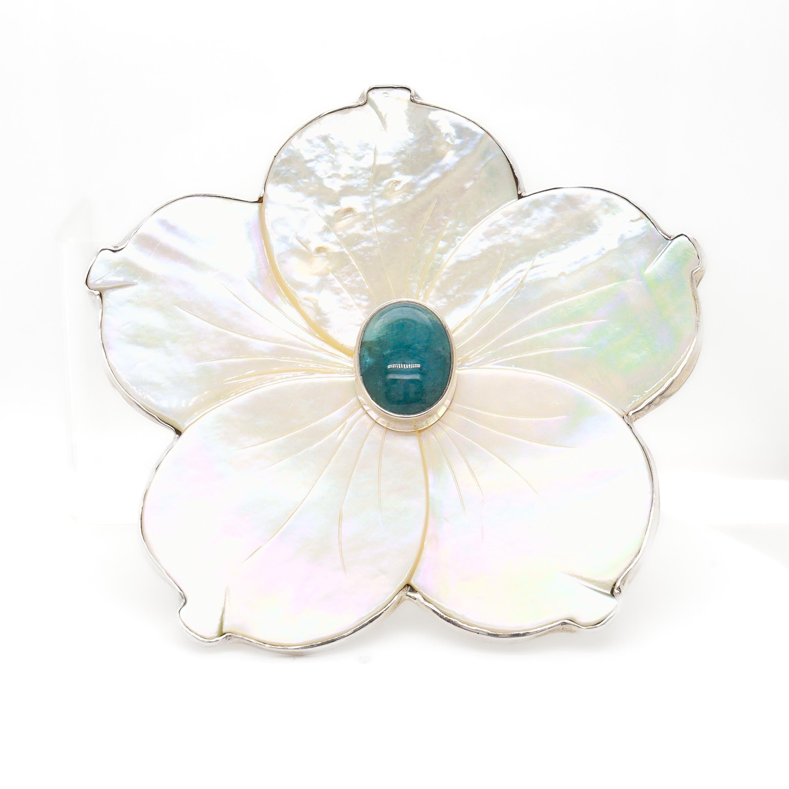 Amy Kahn Russel Sterling Silver, Mother-of-Pearl, and Prasiolite Flower Brooch In Good Condition For Sale In Philadelphia, PA