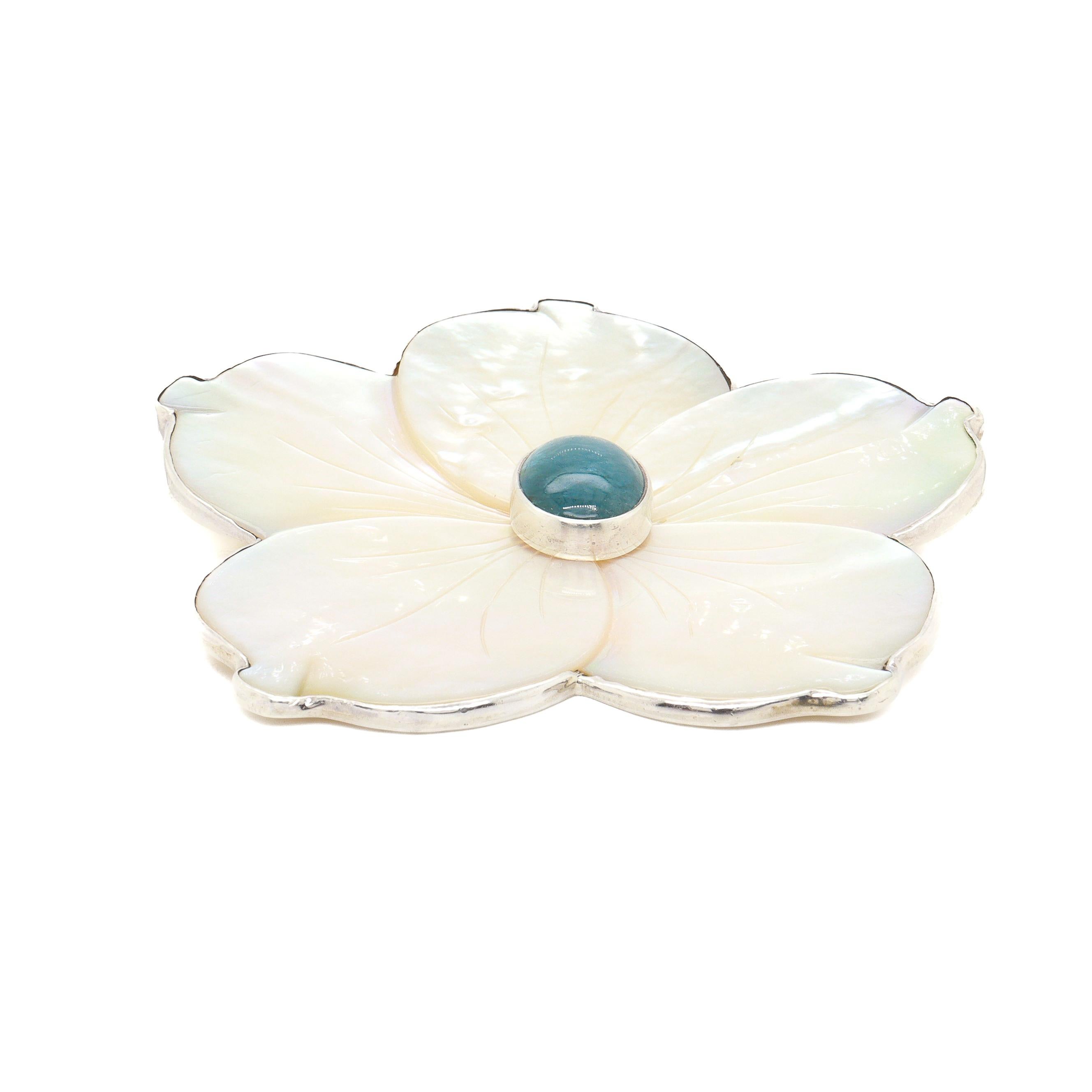 Women's Amy Kahn Russel Sterling Silver, Mother-of-Pearl, and Prasiolite Flower Brooch For Sale