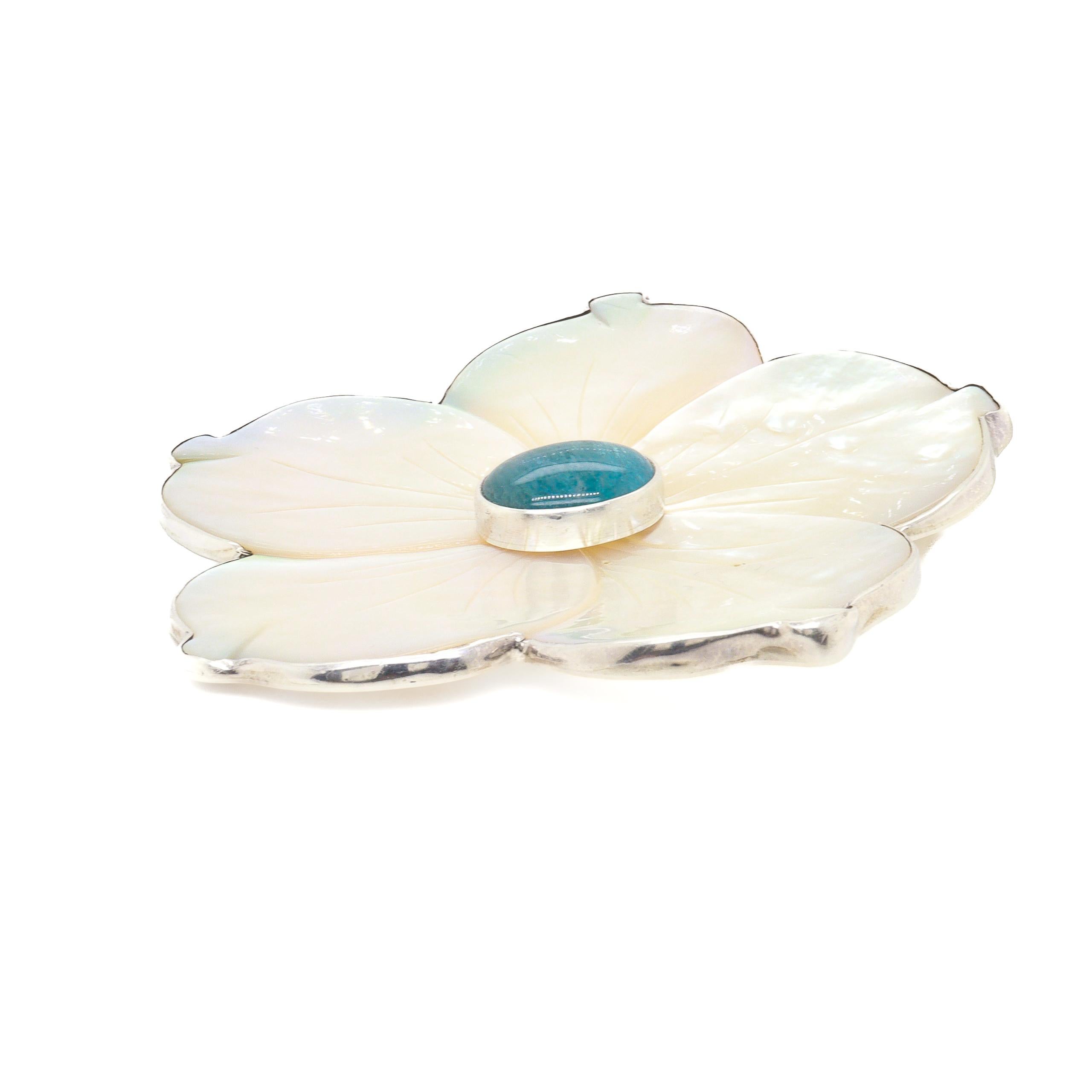 Amy Kahn Russel Sterling Silver, Mother-of-Pearl, and Prasiolite Flower Brooch For Sale 1