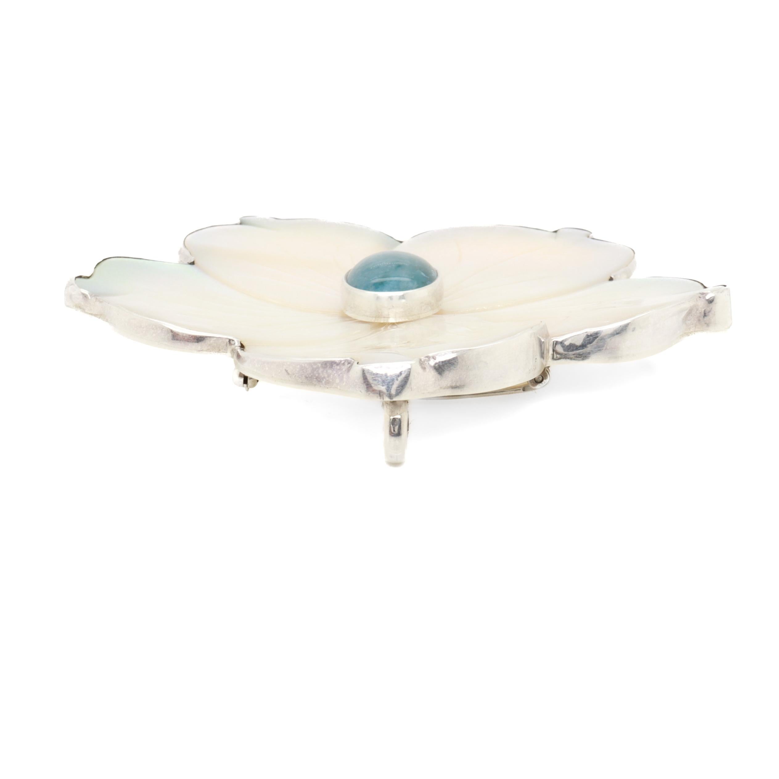 Amy Kahn Russel Sterling Silver, Mother-of-Pearl, and Prasiolite Flower Brooch For Sale 3