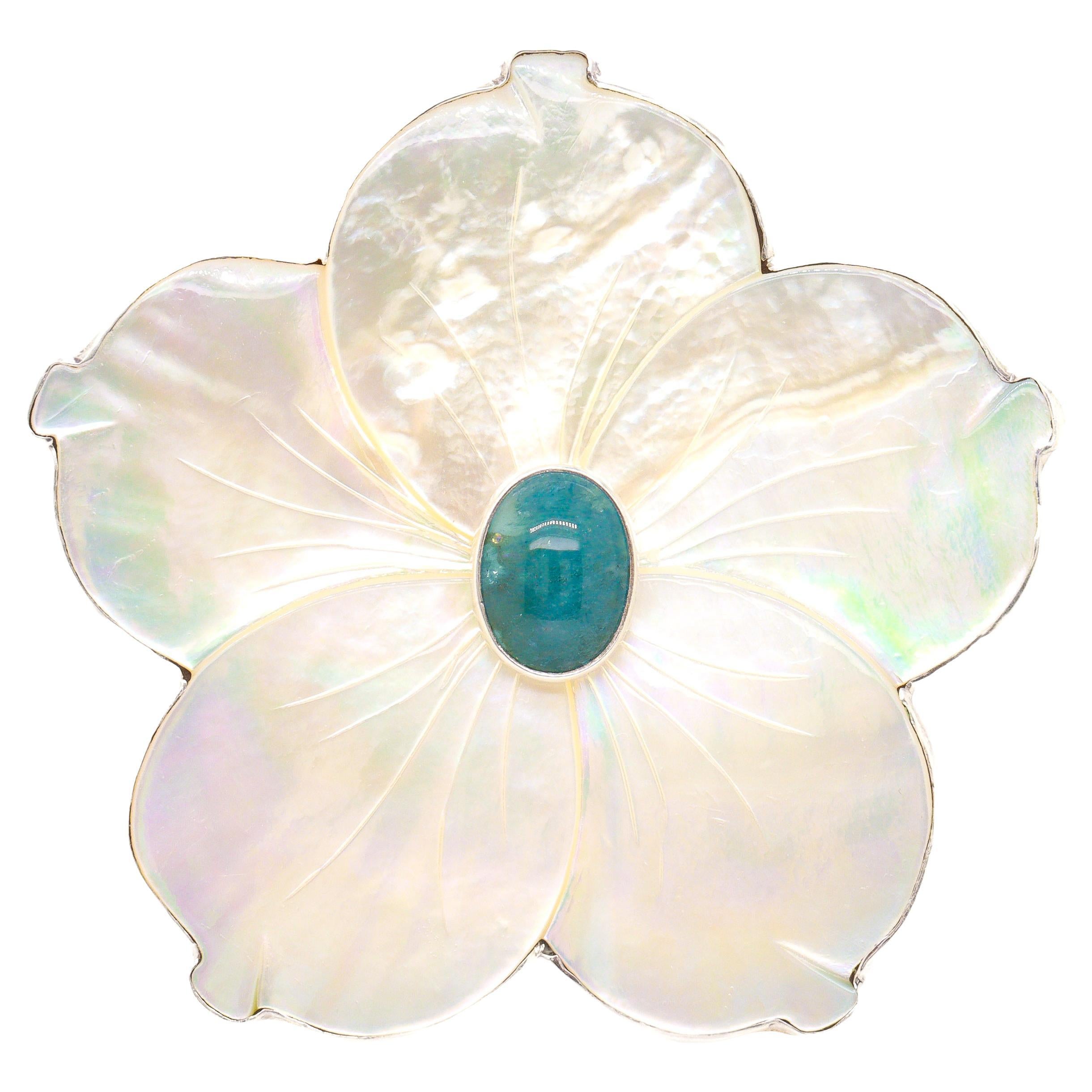 Amy Kahn Russel Sterling Silver, Mother-of-Pearl, and Prasiolite Flower Brooch For Sale