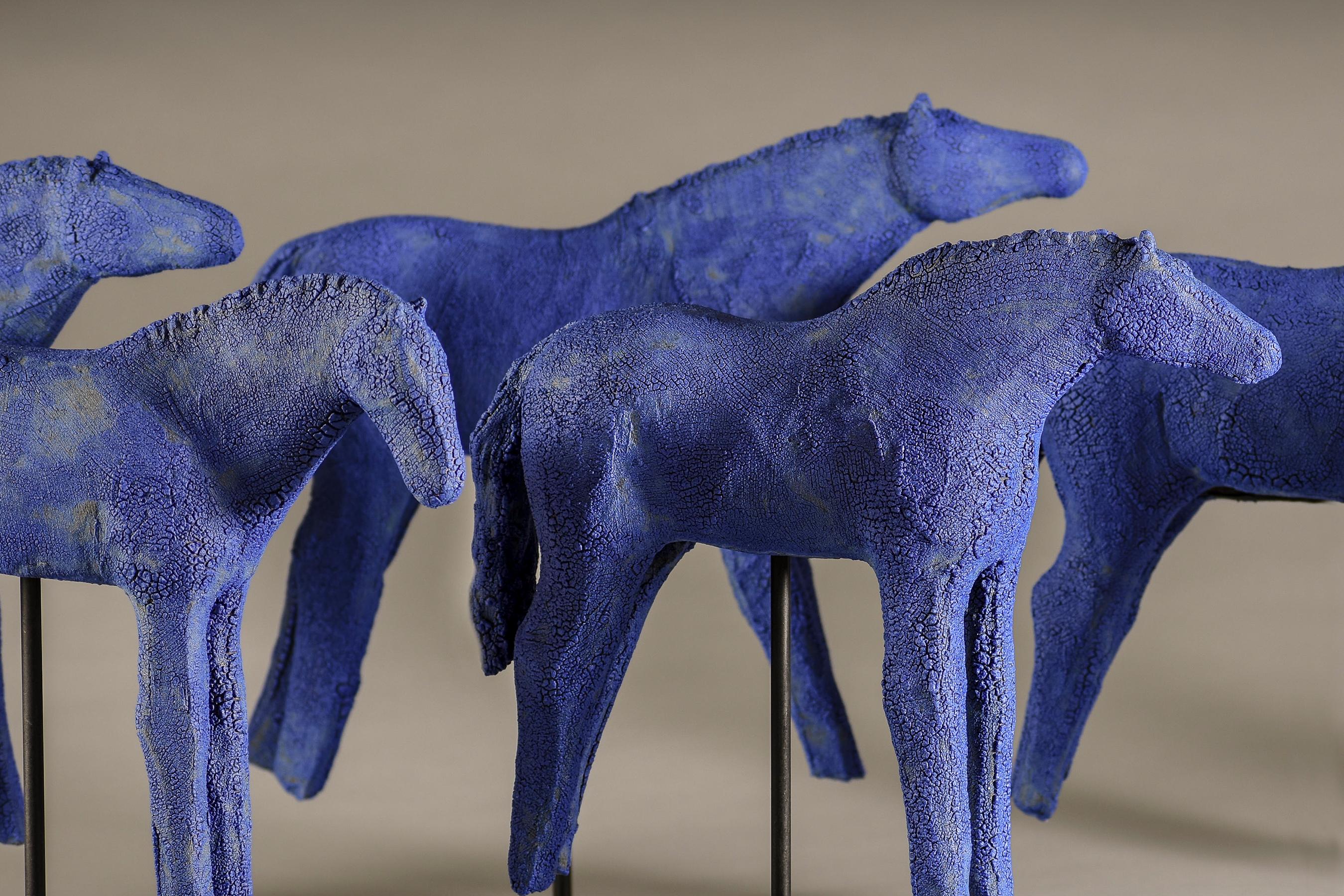 Blue Mud Herd (set of 6) (ceramic, sculpture, horses, crackle glaze, color) - Sculpture by Amy Laugesen