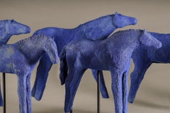 Blue Mud Herd (set of 6) (ceramic, sculpture, horses, crackle glaze, color)