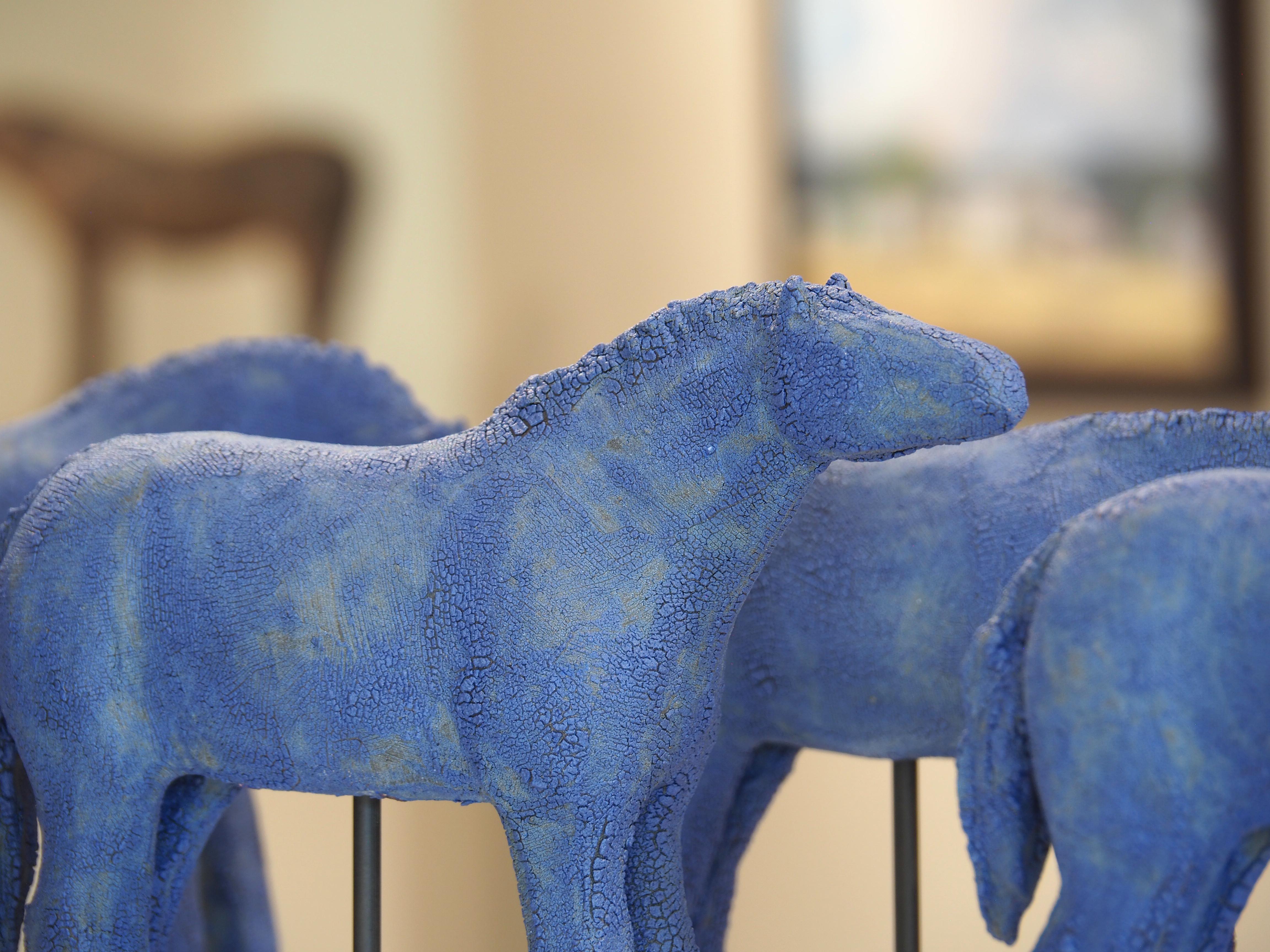 Blue Mud Herd (set of 6) (ceramic, sculpture, horses, crackle glaze, color) - Gray Figurative Sculpture by Amy Laugesen