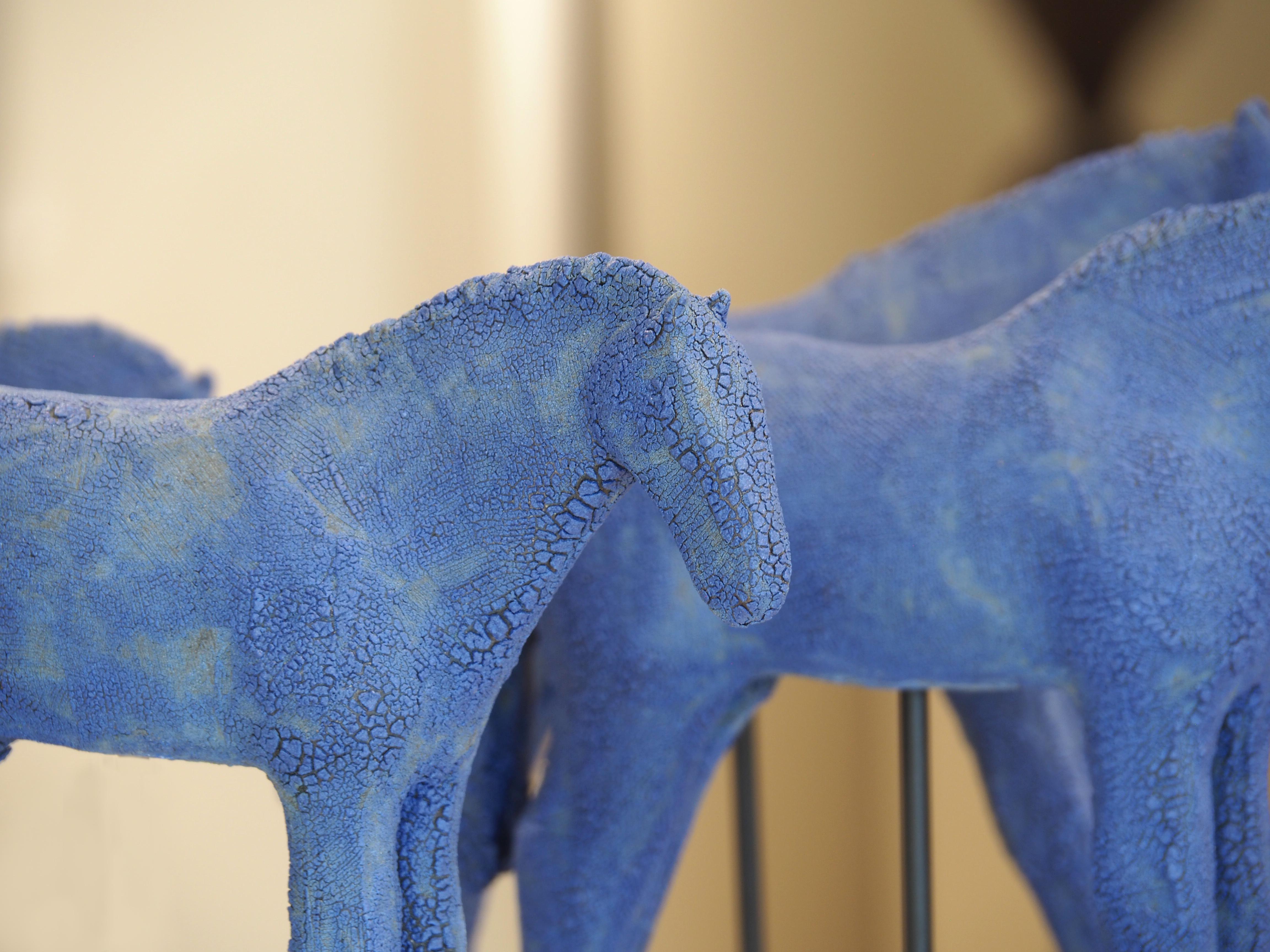 Blue Mud Herd (set of 6) (ceramic, sculpture, horses, crackle glaze, color) For Sale 1