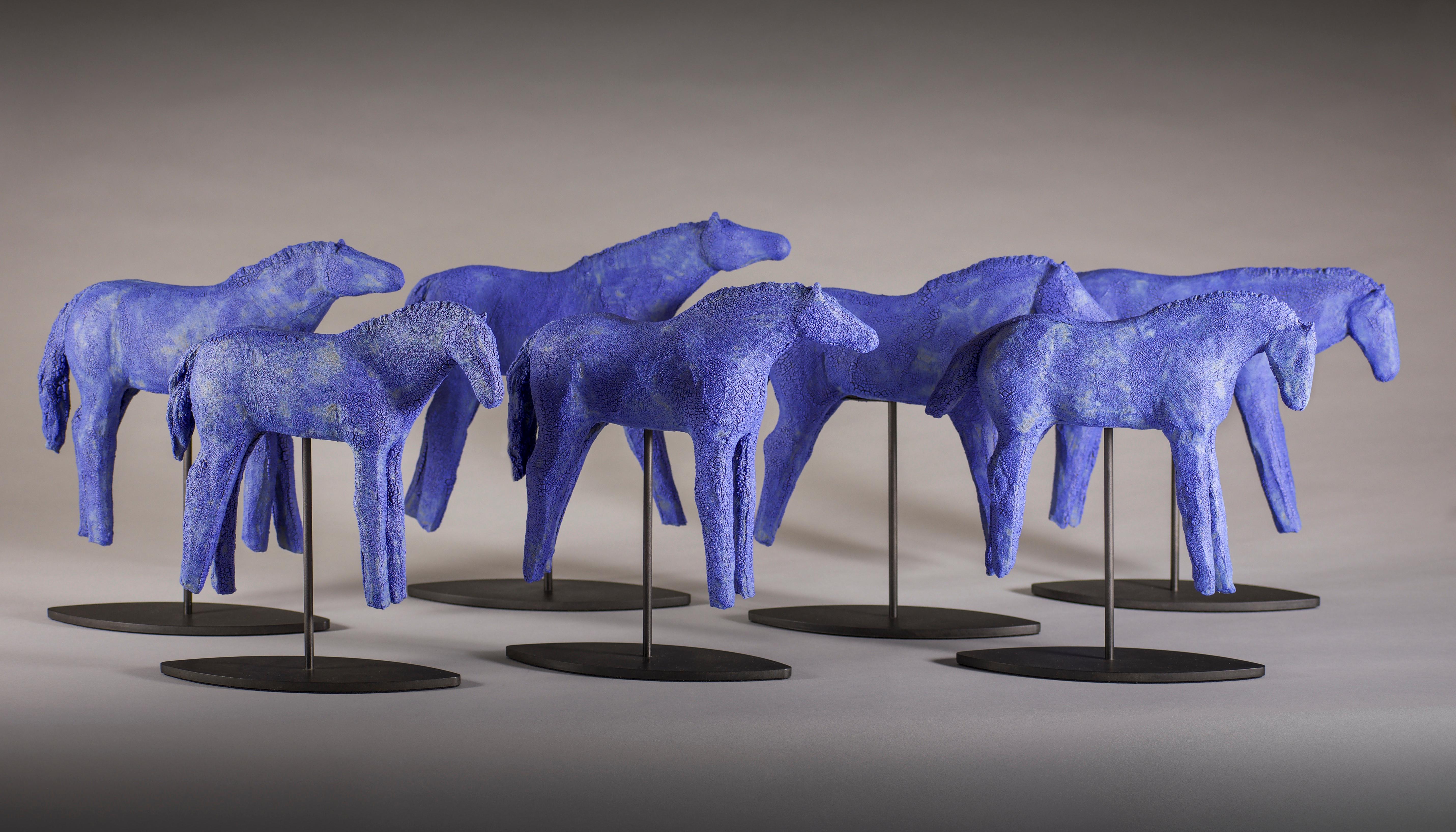 Amy Laugesen Figurative Sculpture - Blue Mud Herd (set of 6) (ceramic, sculpture, horses, crackle glaze, color)