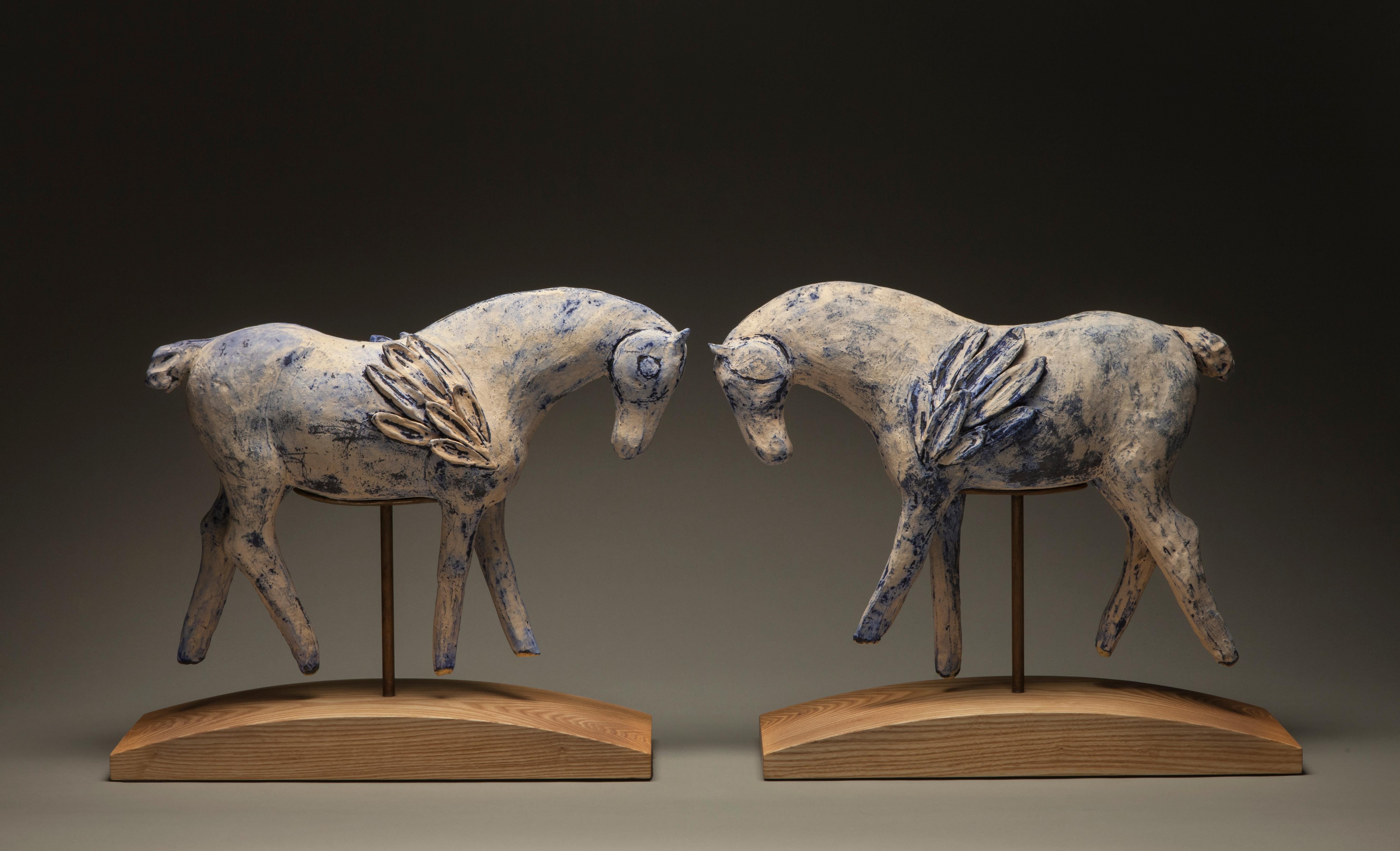 Sun and Moon (sculpture, horses, ceramic, steel, antique finish, blue, white) - Art by Amy Laugesen