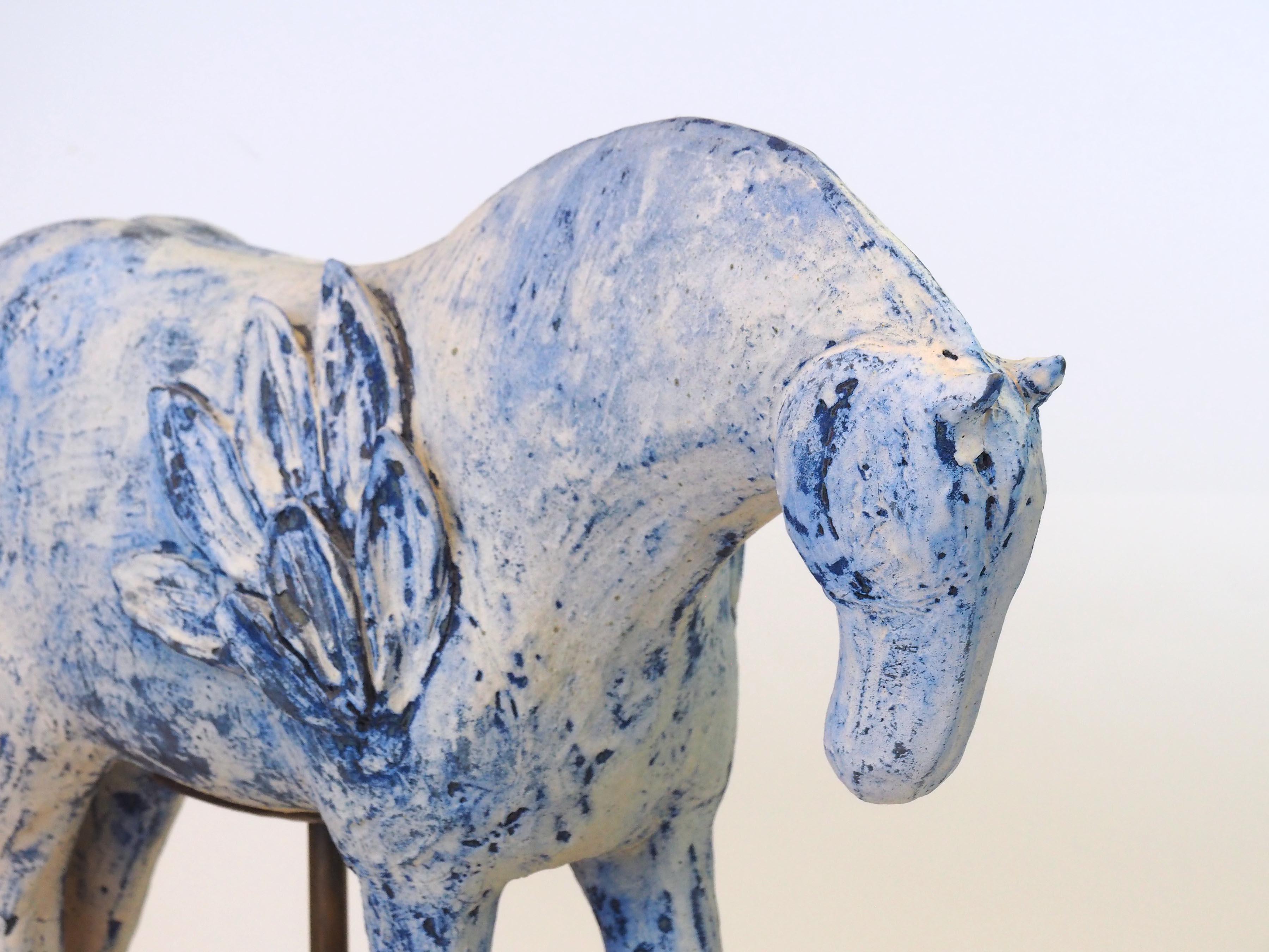 Sun and Moon (sculpture, horses, ceramic, steel, antique finish, blue, white) For Sale 6