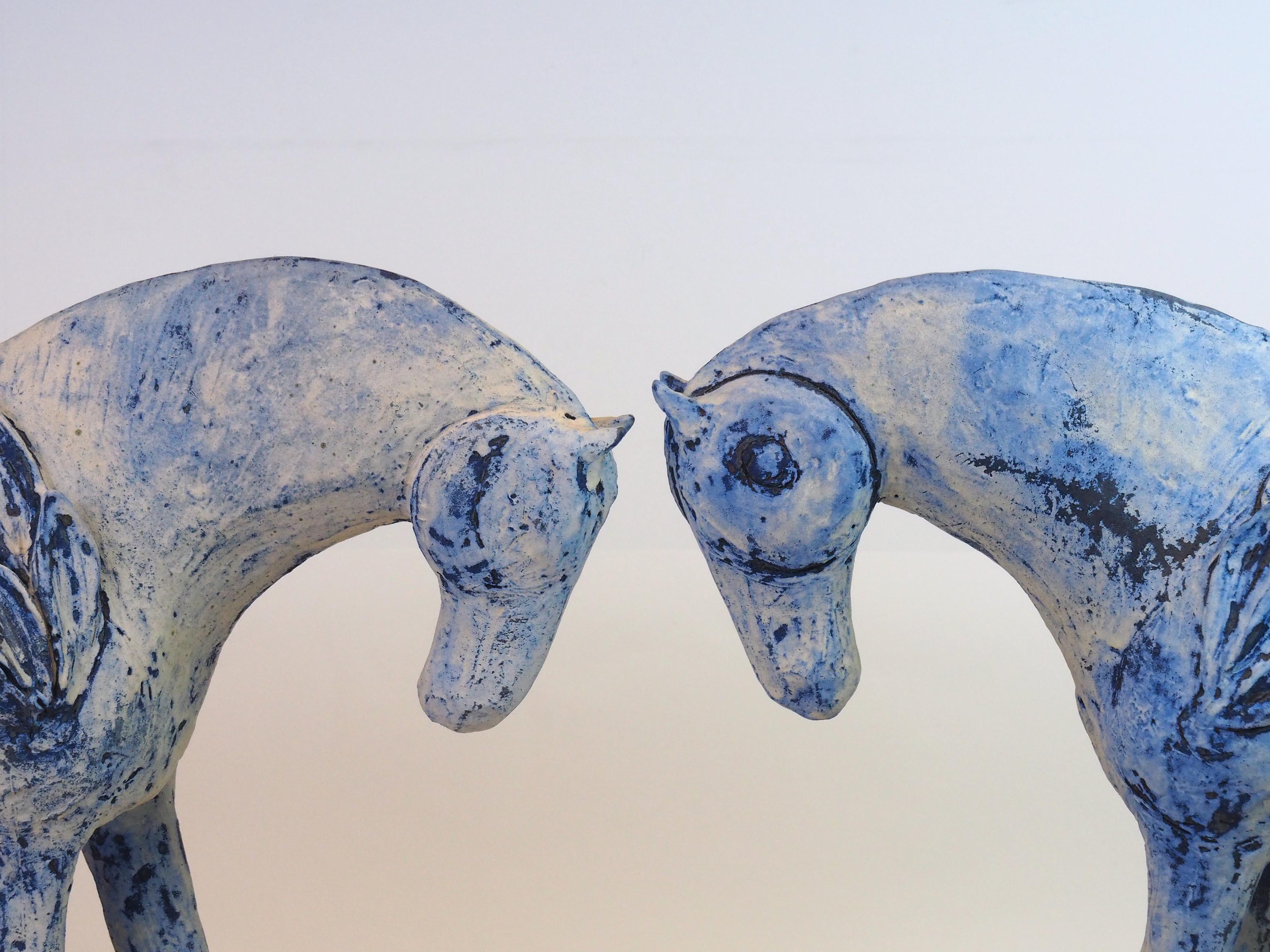 Sun and Moon (sculpture, horses, ceramic, steel, antique finish, blue, white) For Sale 9