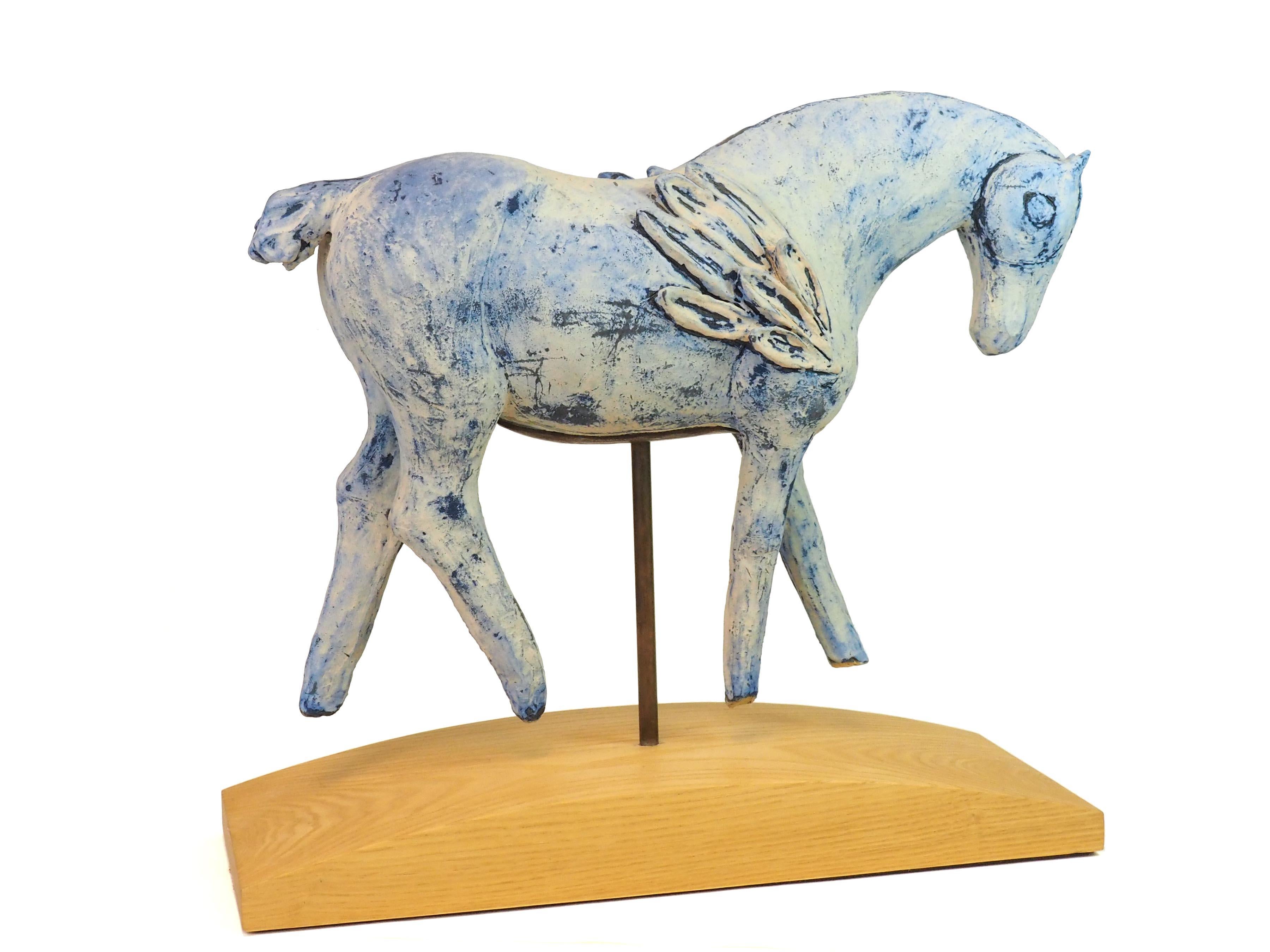 Sun and Moon (sculpture, horses, ceramic, steel, antique finish, blue, white) For Sale 1