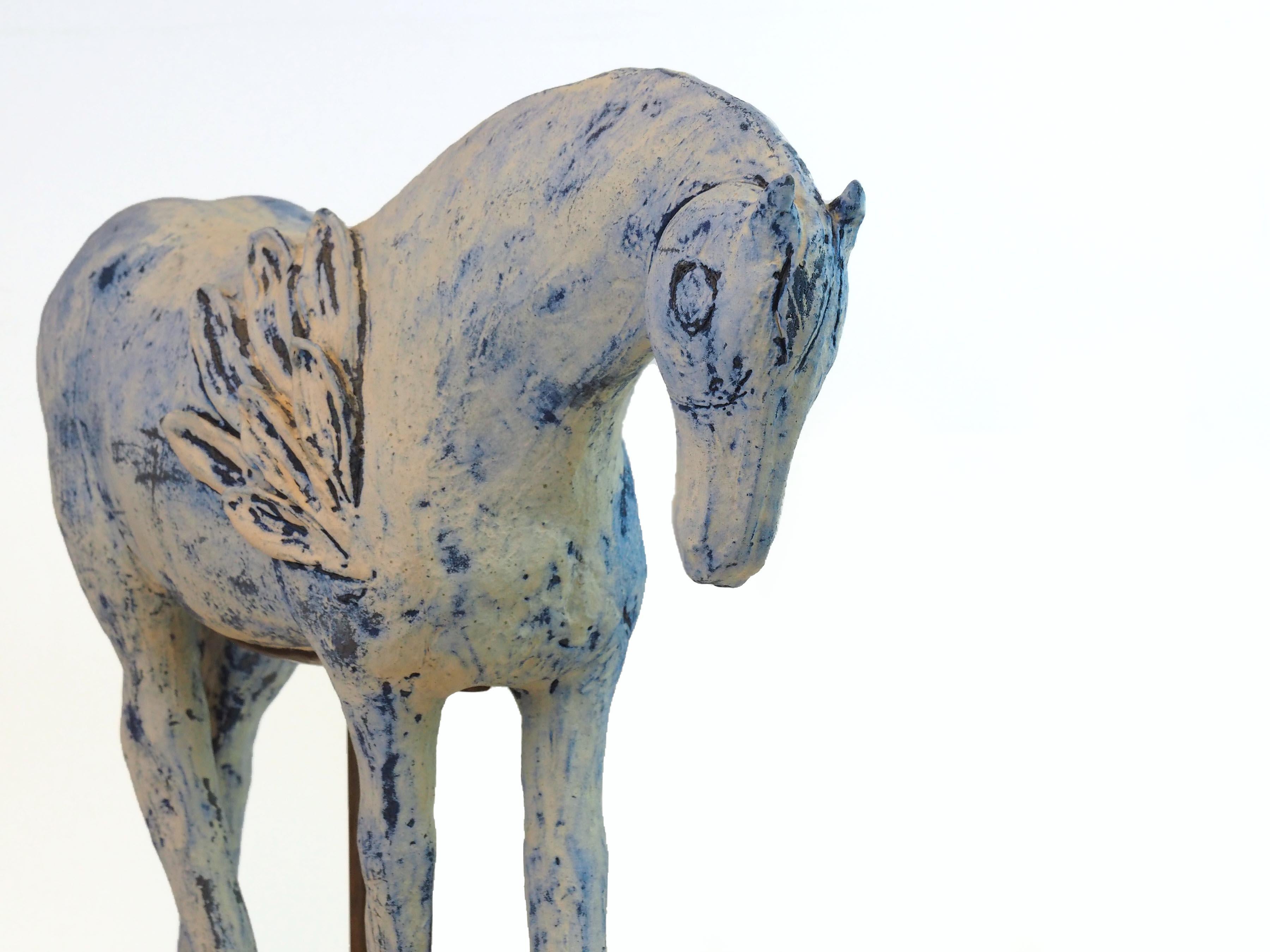Sun and Moon (sculpture, horses, ceramic, steel, antique finish, blue, white) For Sale 2