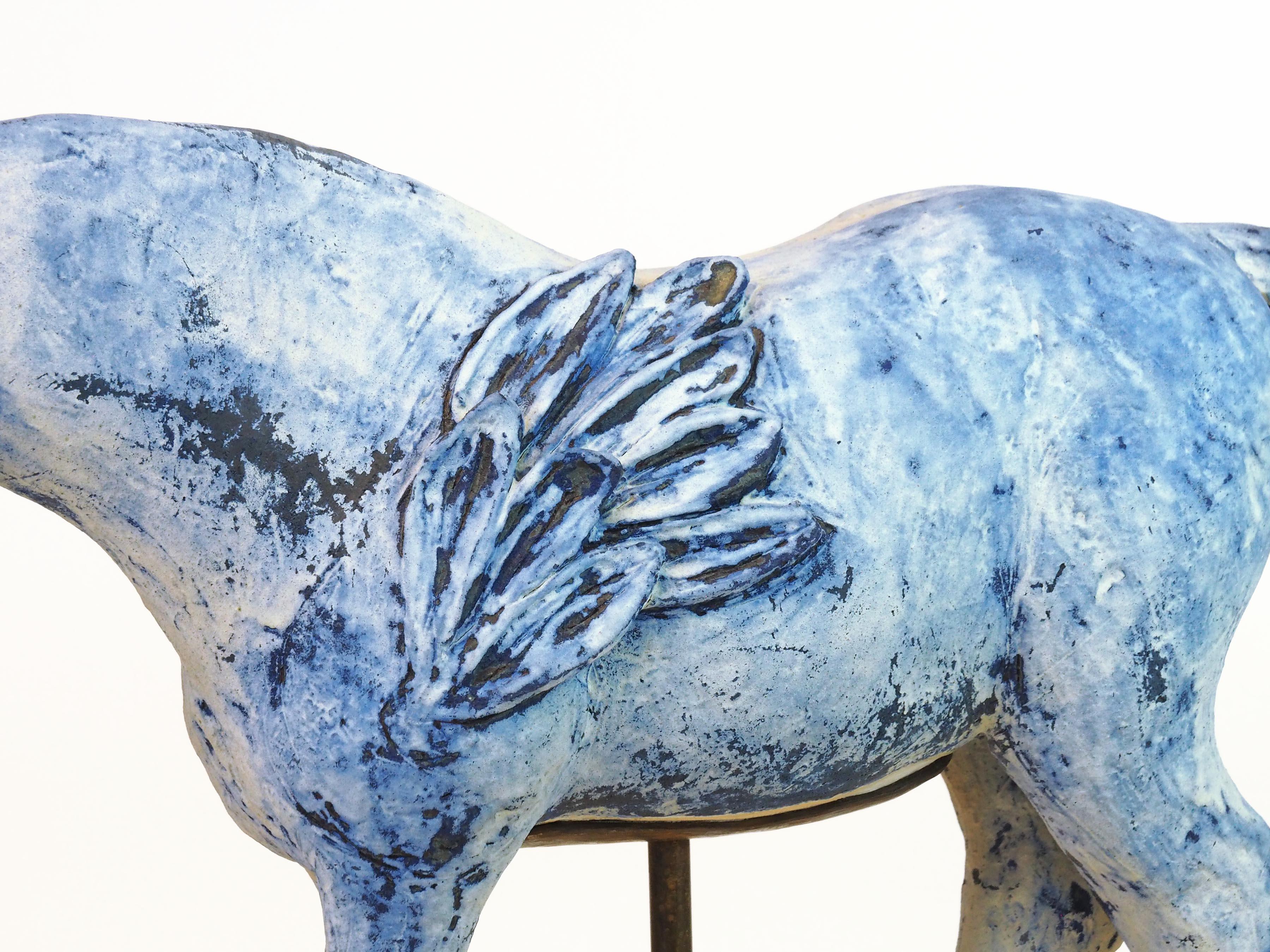 Sun and Moon (sculpture, horses, ceramic, steel, antique finish, blue, white) For Sale 3