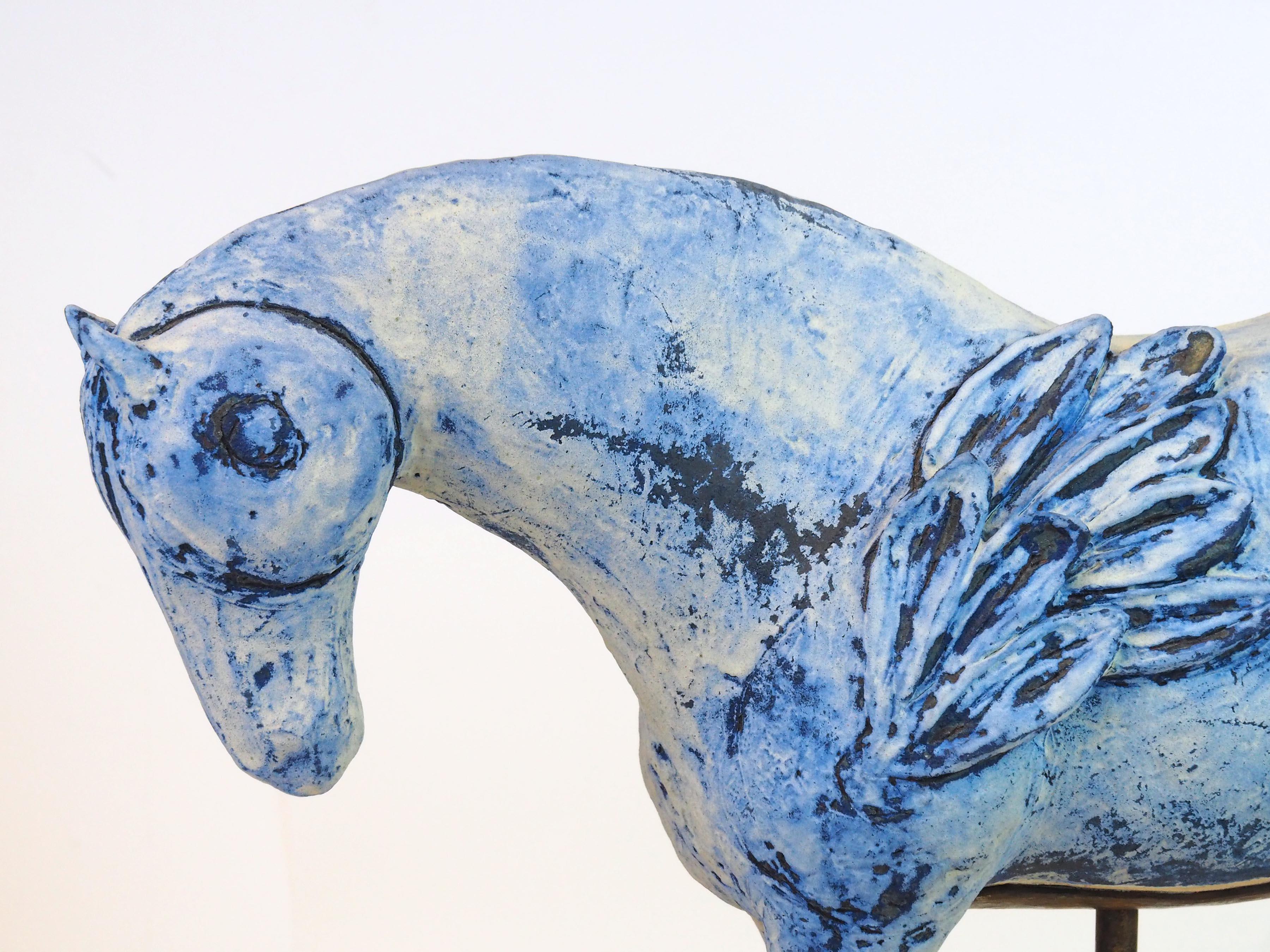 Sun and Moon (sculpture, horses, ceramic, steel, antique finish, blue, white) For Sale 4
