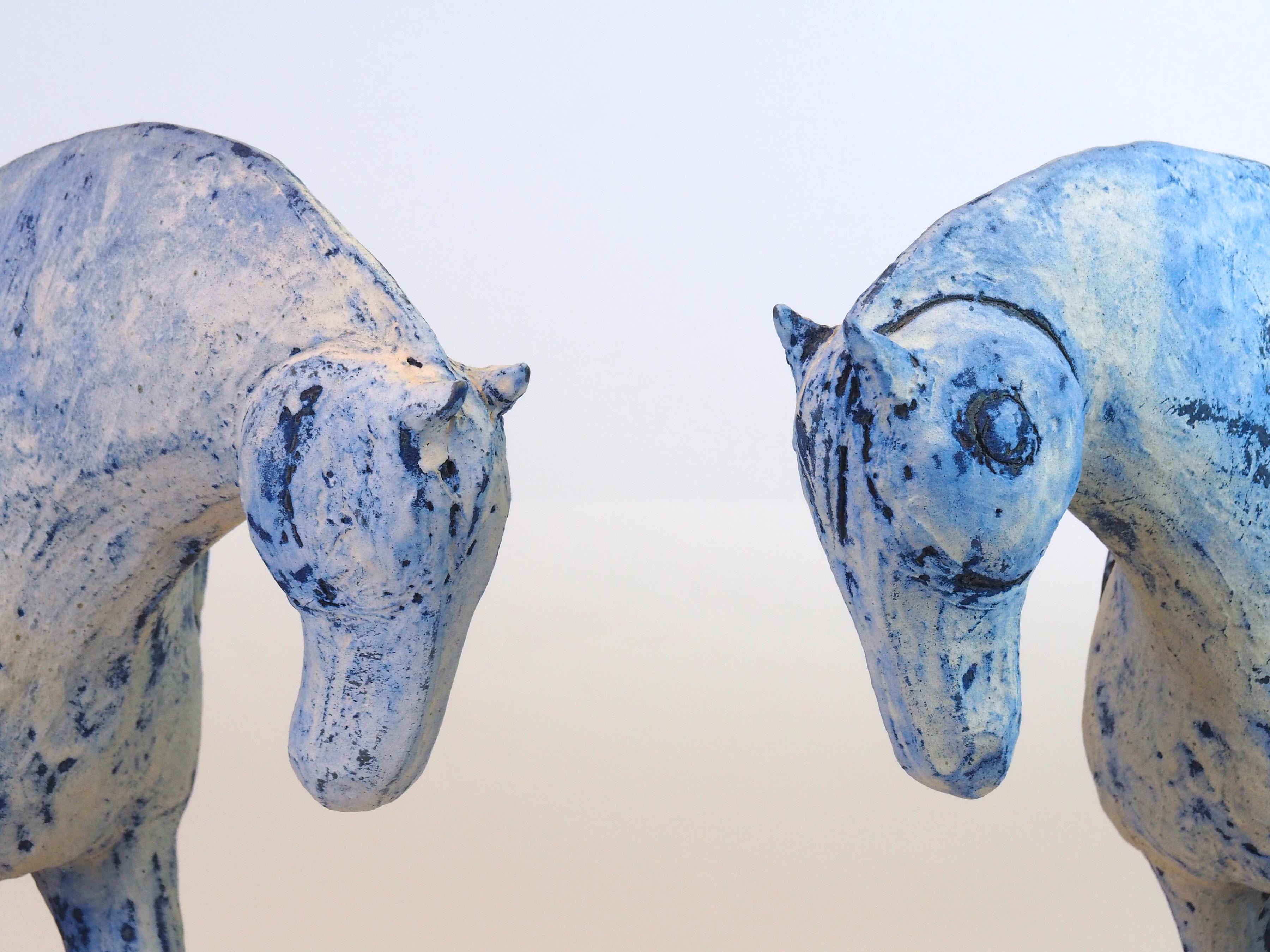 Sun and Moon (sculpture, horses, ceramic, steel, antique finish, blue, white) For Sale 5