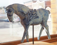 Sun and Moon (sculpture, horses, ceramic, steel, antique finish, blue, white)
