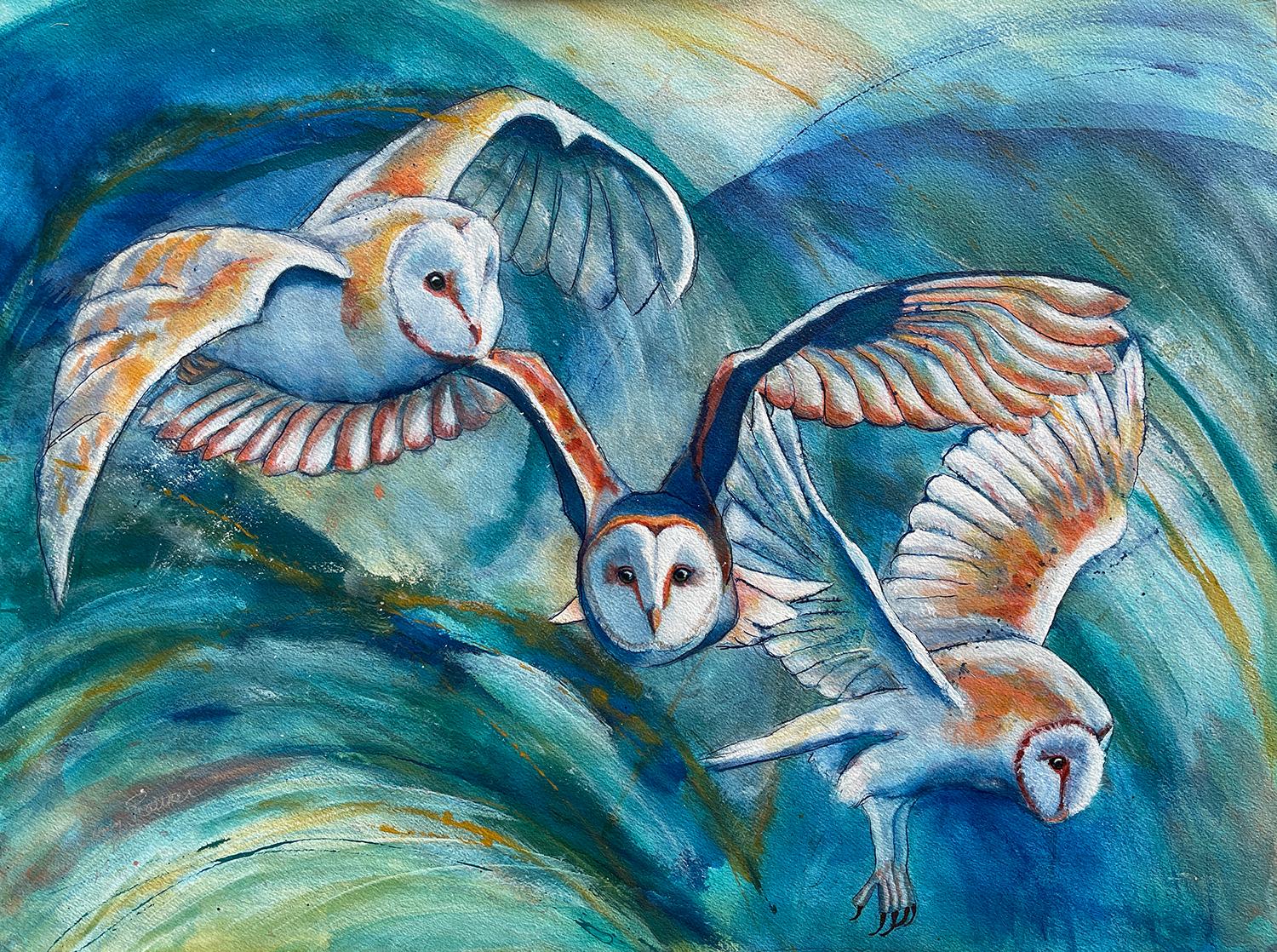 Owls in Flight, Original Painting - Art by Amy Rattner