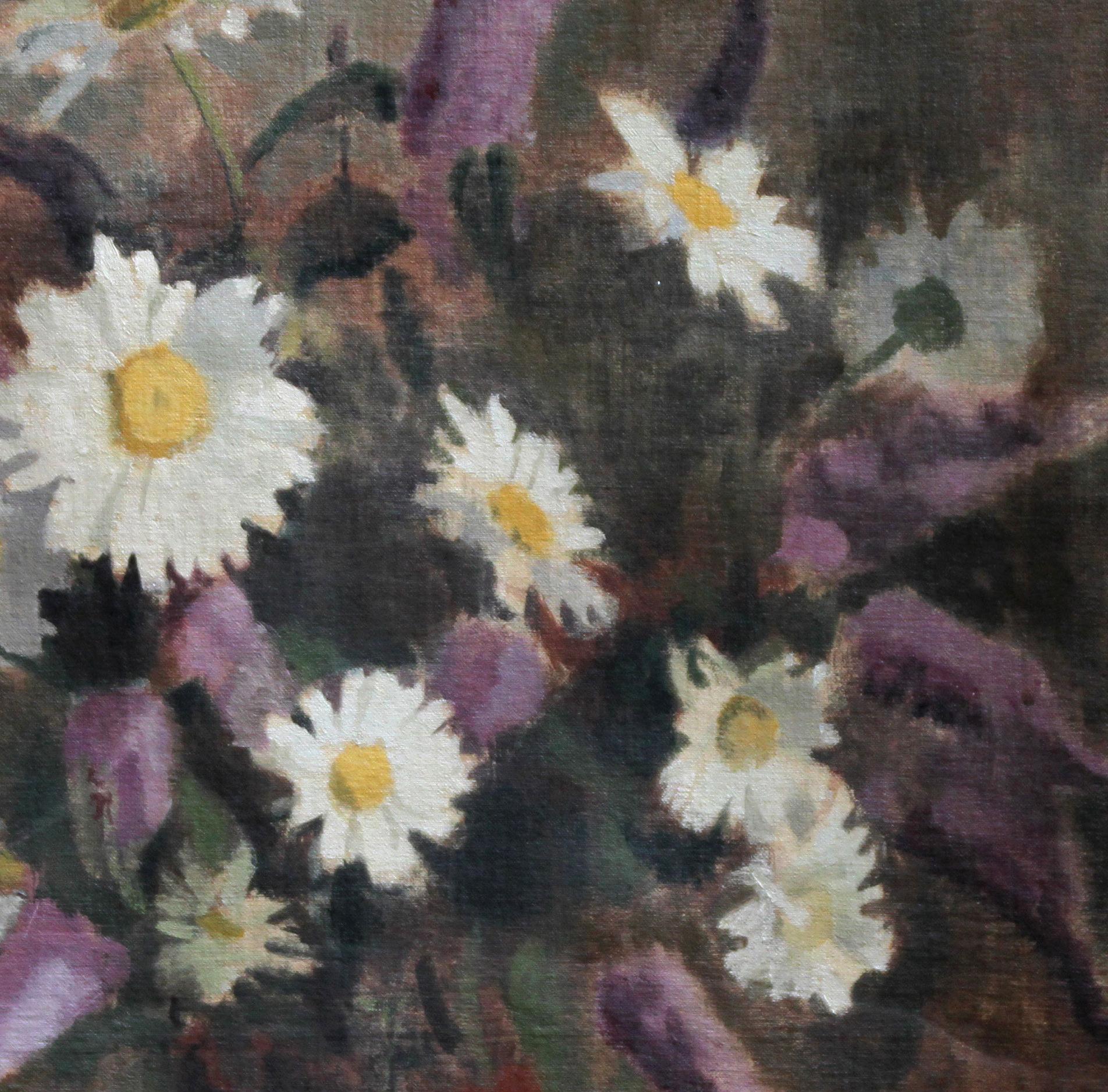 This lovely floral oil painting is by British artist Amy Constance Reeve Fowlkes who exhibited throughout her career. Painted in 1940, this stunning oil is a bold arrangement of daisies in an Impressionist palette and an expressive delight. A very