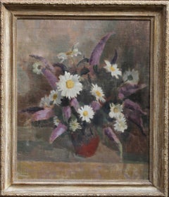 Vintage Daisies - British Impressionist art 1940s still life floral oil painting flowers