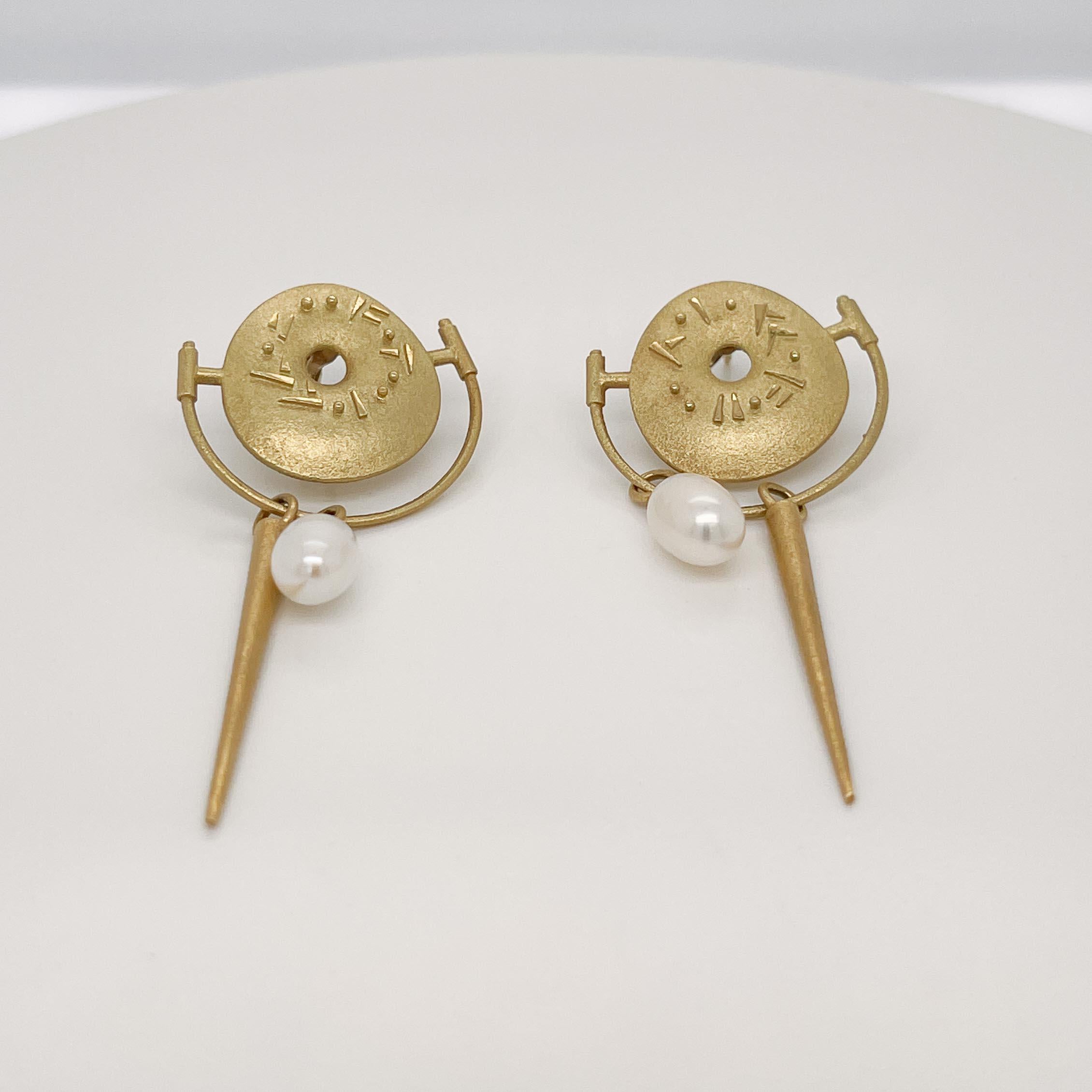 Artisan Amy Roper Lyons 18 Karat Gold & Pearl Drop Earrings For Sale