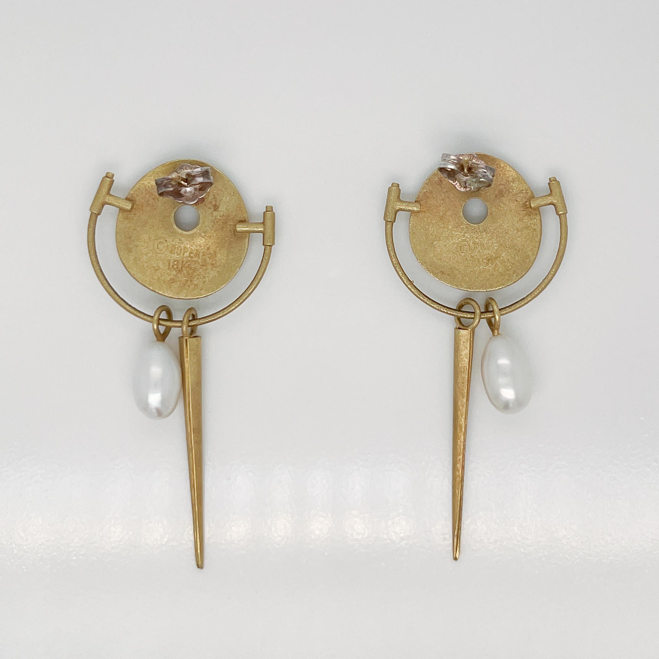 Round Cut Amy Roper Lyons 18 Karat Gold & Pearl Drop Earrings For Sale