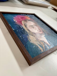 Couronne de fleurs : Portrait peinture à l'huile sur toile, encadré, 14x11