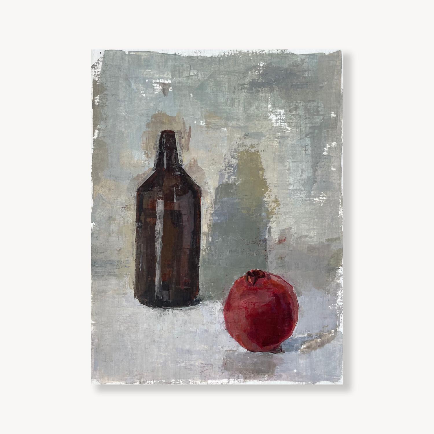 Amy Scherer Still-Life Painting - Pomegranate: Still Life Painting, Acrylic on Paper, 12x9