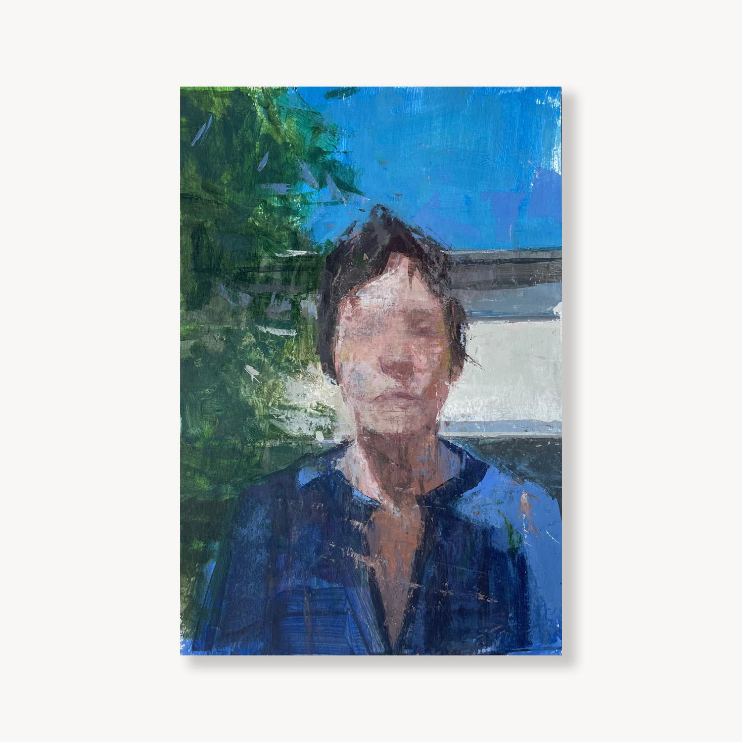 Amy Scherer Figurative Painting - Self Portrait on Deck: Acrylic on Archival Paper, 11x7.5