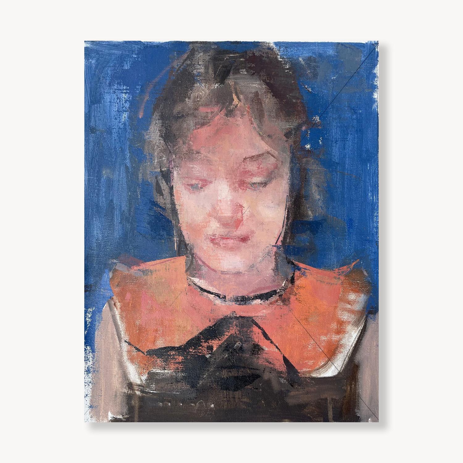 Amy Scherer Figurative Painting - Study of EB with Orange Collar: Portrait in Oil on Canvas (unstretched) 11x14"