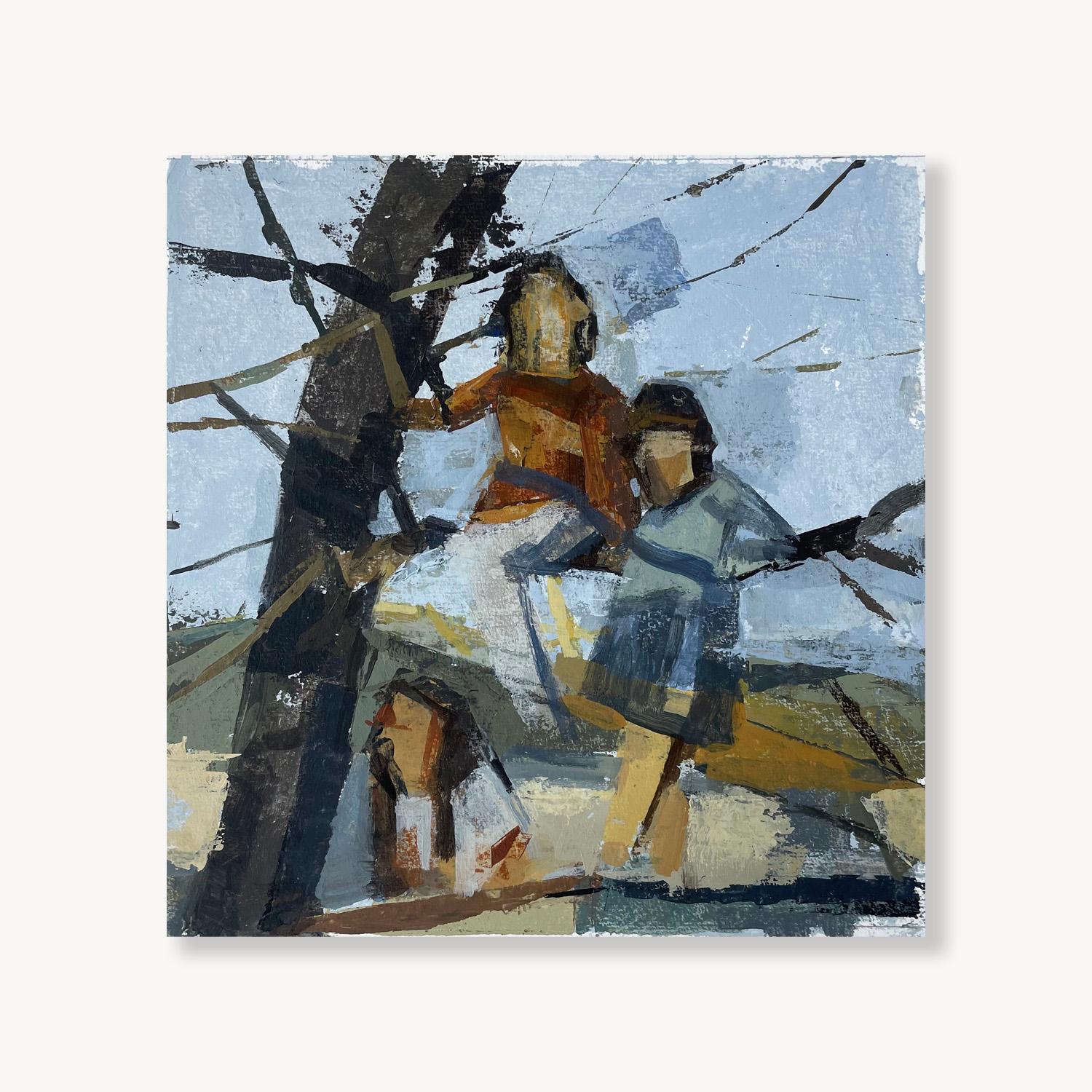 Amy Scherer Figurative Painting - Three in a Tree: Figurative Acrylic Painting of Kids on Canvas Panel, 9.5x9"