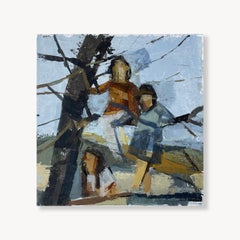 Three in a Tree: Figurative Acrylic Painting of Kids on Canvas Panel, 9.5x9"
