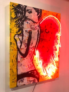 "Devilish"  mixed media collage on wood with neon