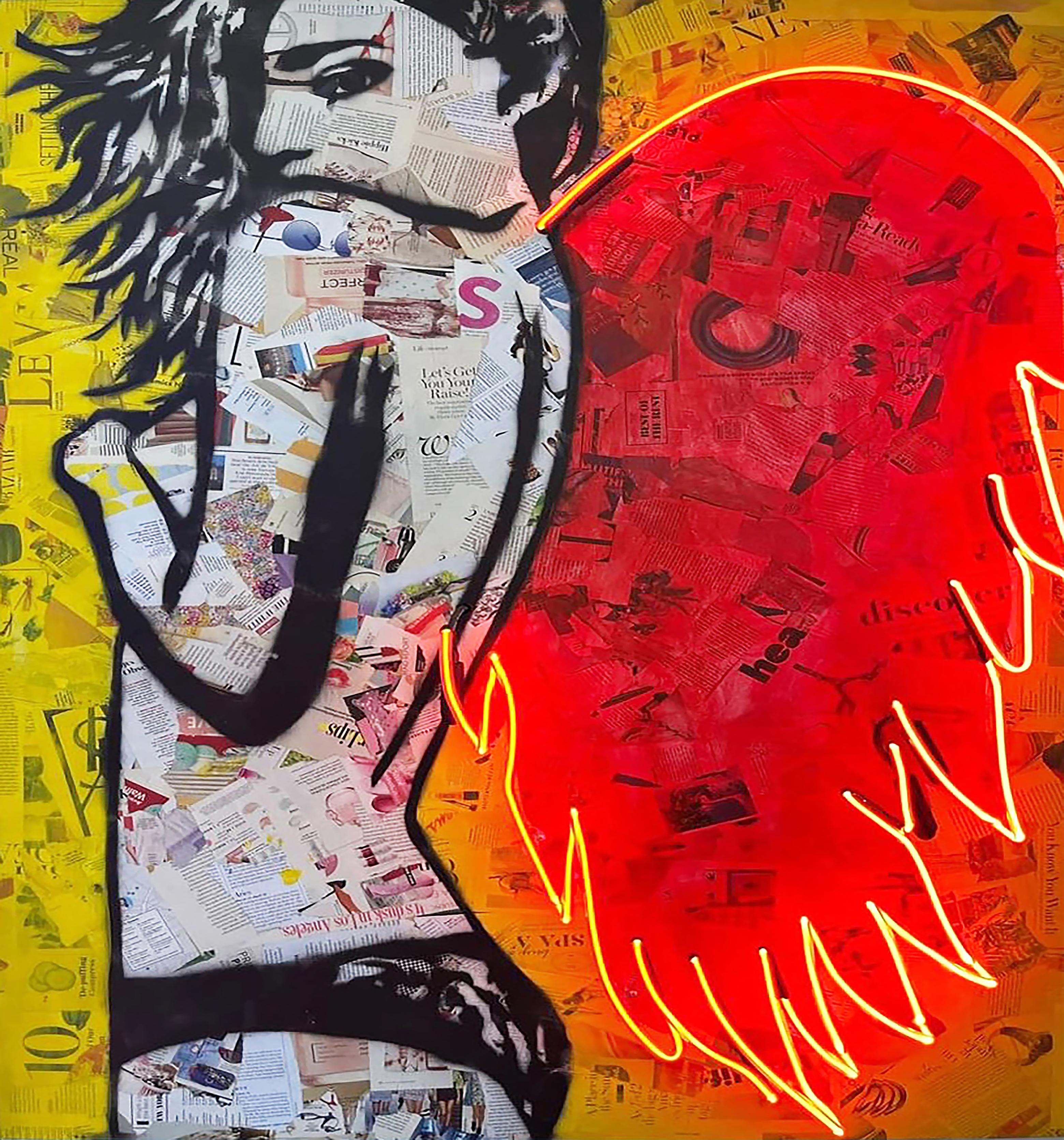 Amy Smith Figurative Painting - "Devilish"  mixed media collage on wood with neon 