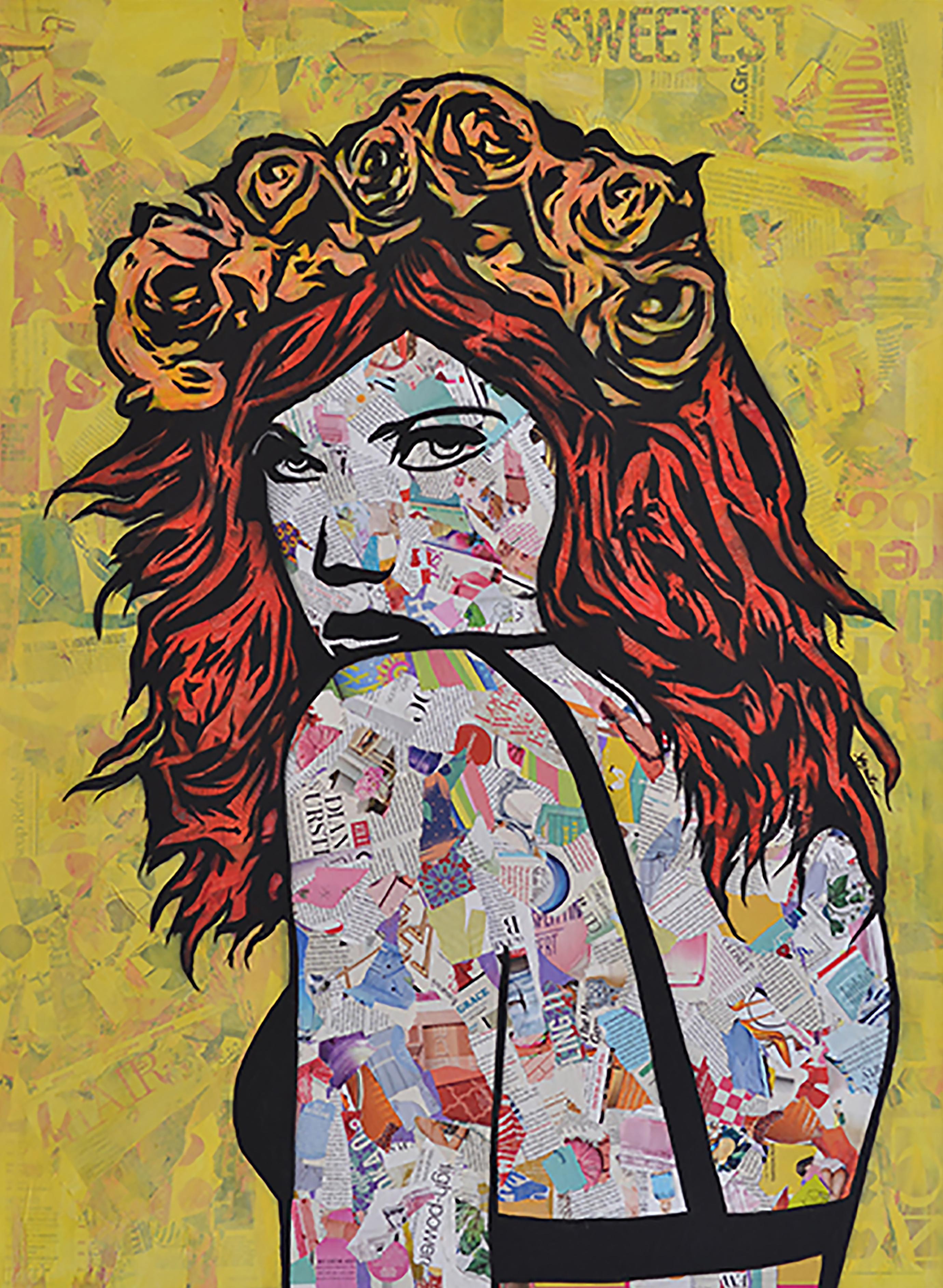 Magazin-Collage „ „Em on Fire“ – Acryl und Sprühfarbe auf Leinwand – Mixed Media Art von Amy Smith